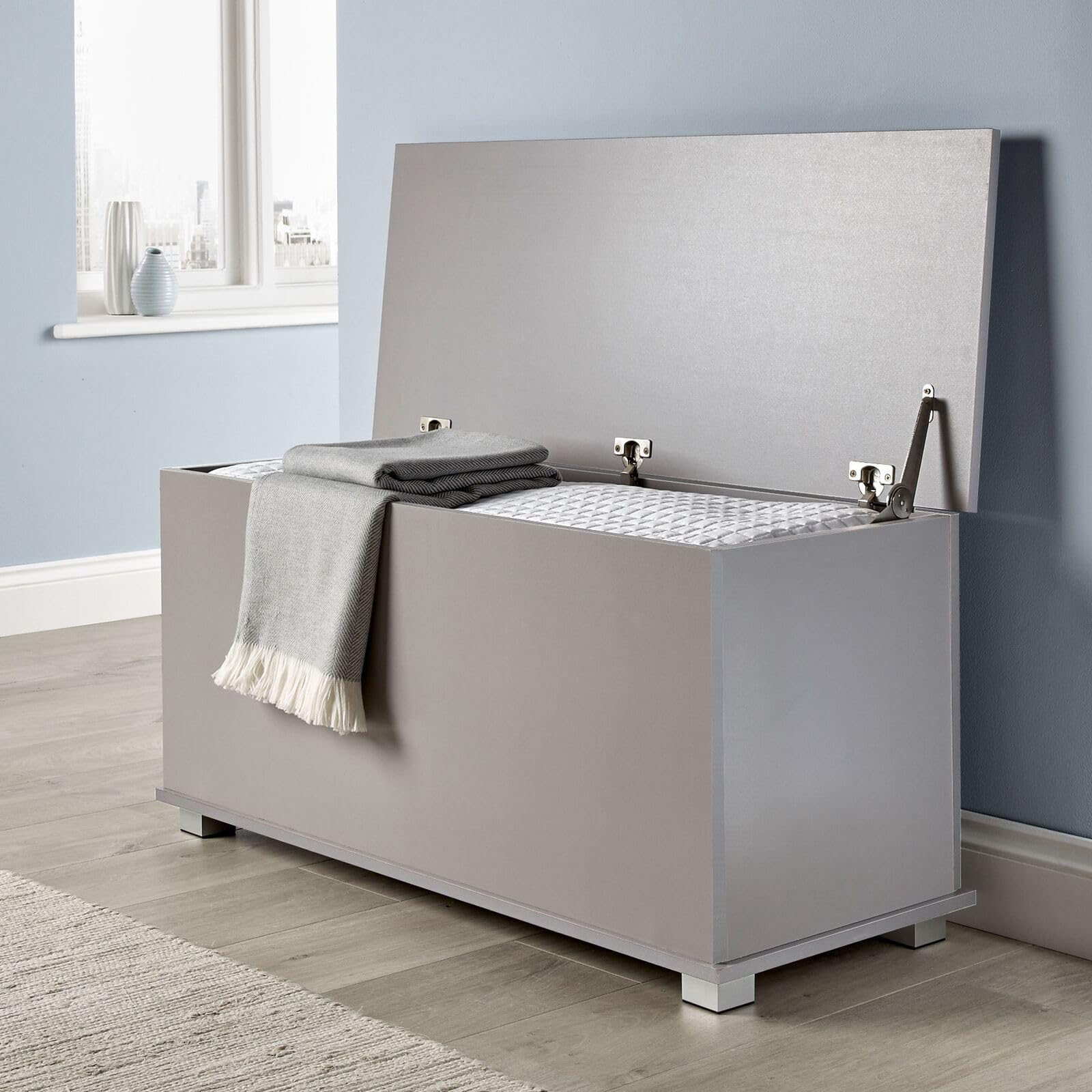 Home Source Ottoman Storage Chest Grey Toy Chest Bedding or Blanket Box Large Wooden (Grey)