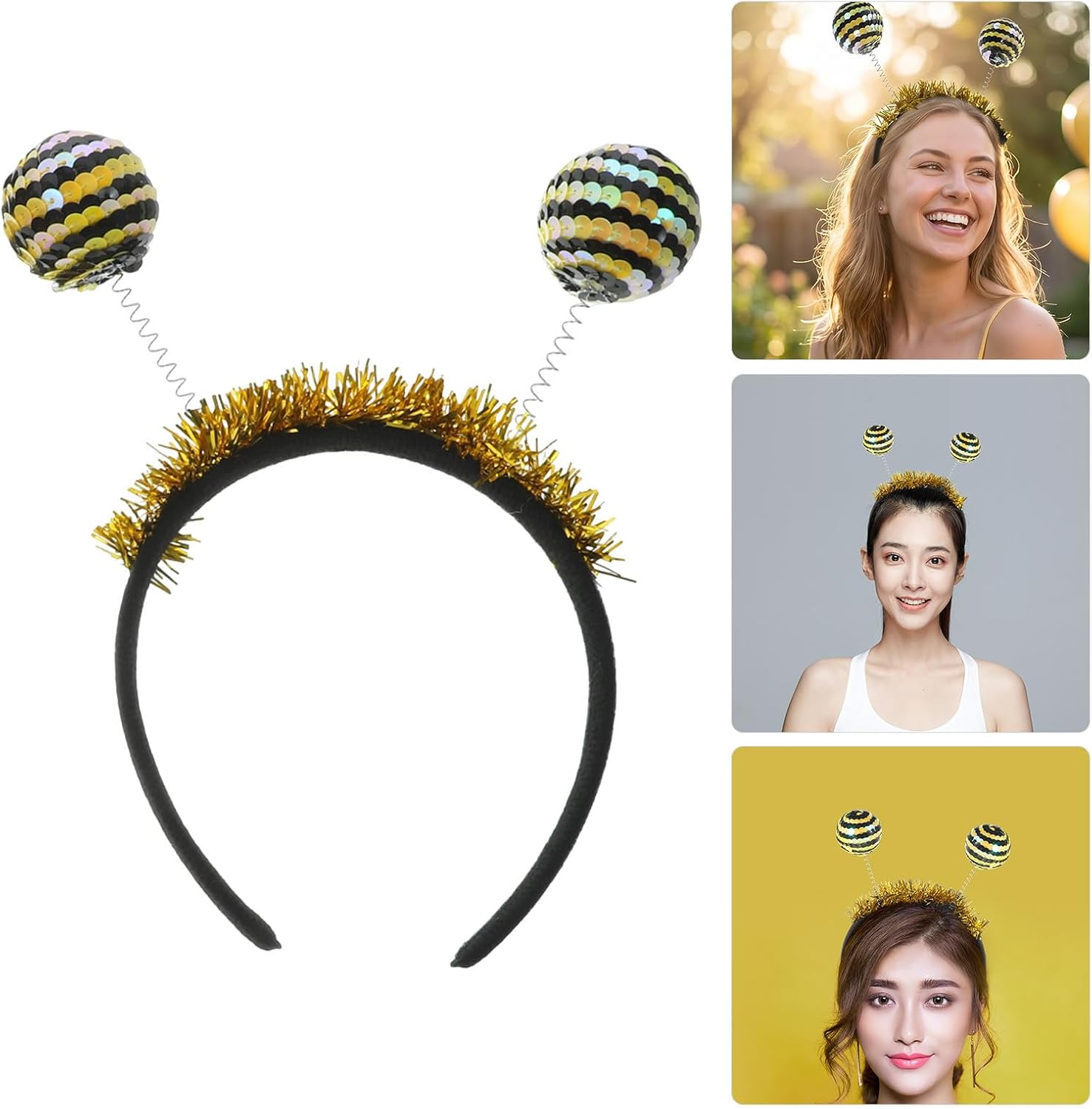 OUNONA 2pcs Bee Themed Headbands with Glitter Tinsel Antenna, Foam and Plastic Material, Comfortable Fit and Eye-catching Design, for Festival Gatherings and Zoo Theme Parties