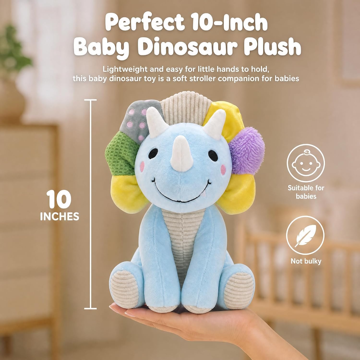 Dinosaur Stuffed Animal, 10 Inch Triceratops Sensory Toys for Babies image 4
