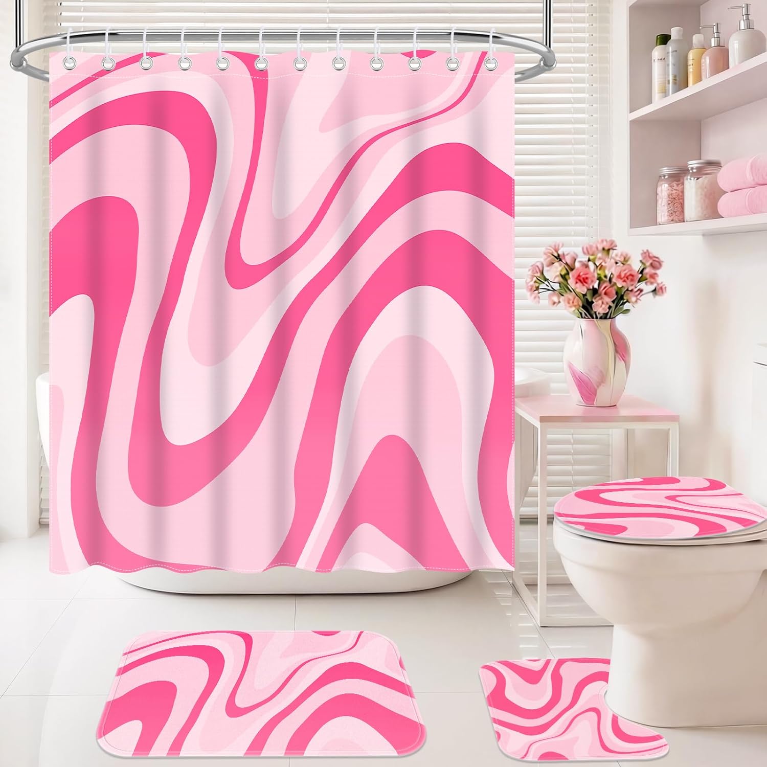 4Pcs Pink Bow Shower Curtain Sets, Bathroom Sets with Shower Curtain, Non-Slip Rugs, Toilet Lid Cover and Bath Mat, Pink Glitter Diamond Shower Curtain with 12 Hooks for Bathroom Set Decor