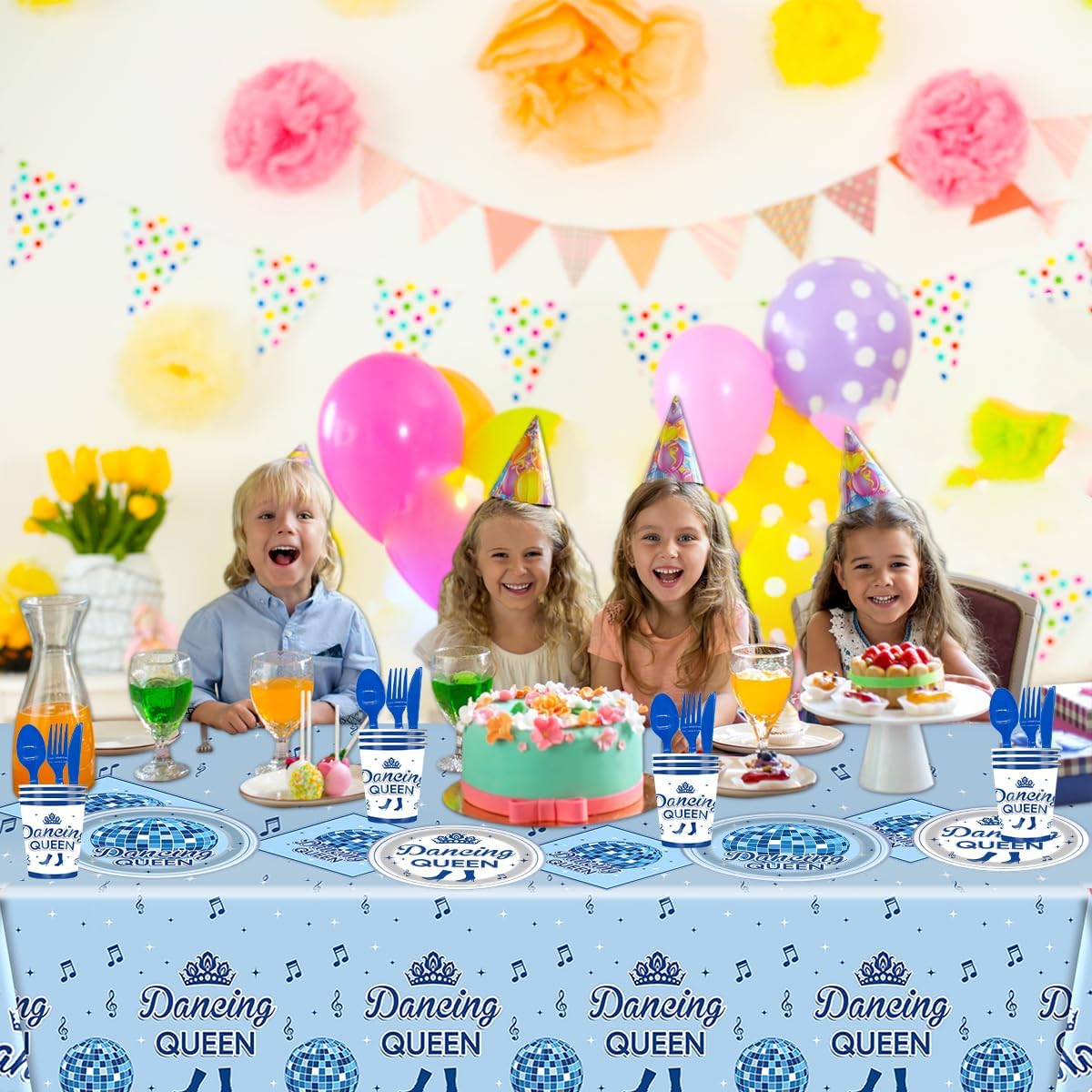 Dancing Queen Party Supplies Set, Blue Disco Ball Theme, 81 Pieces with Plates, Cups, Utensils, Napkins, Tablecloth for Birthday Celebration - Image 4