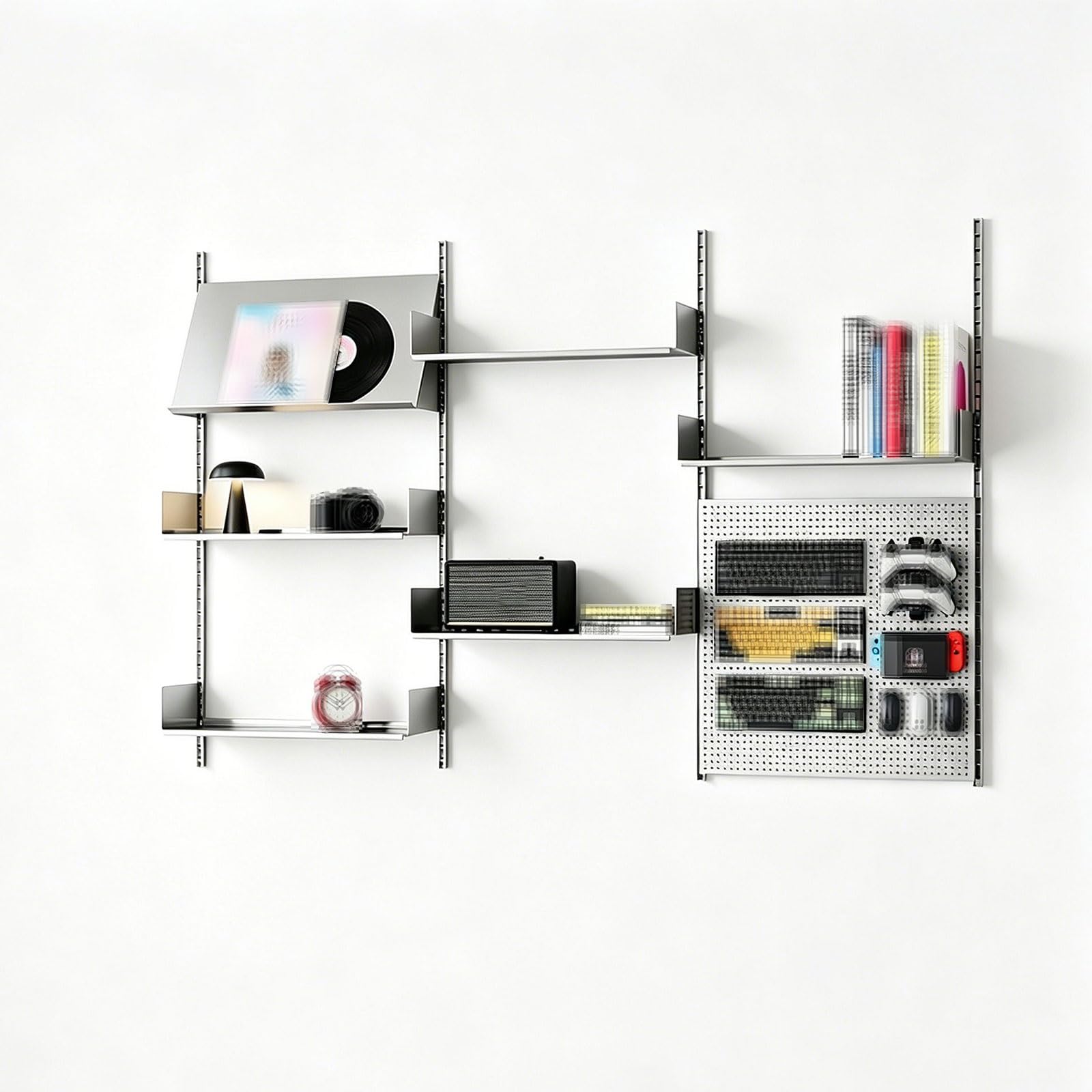 Lochwand Schlafzimmer Metall Edelstahl Pegboard Wandorganizer Höhenverstellbare Regalböden Modulares Wandregal Garage Tragkraft 50Kg für Raumaufbewahrung Organisation und Dekoration