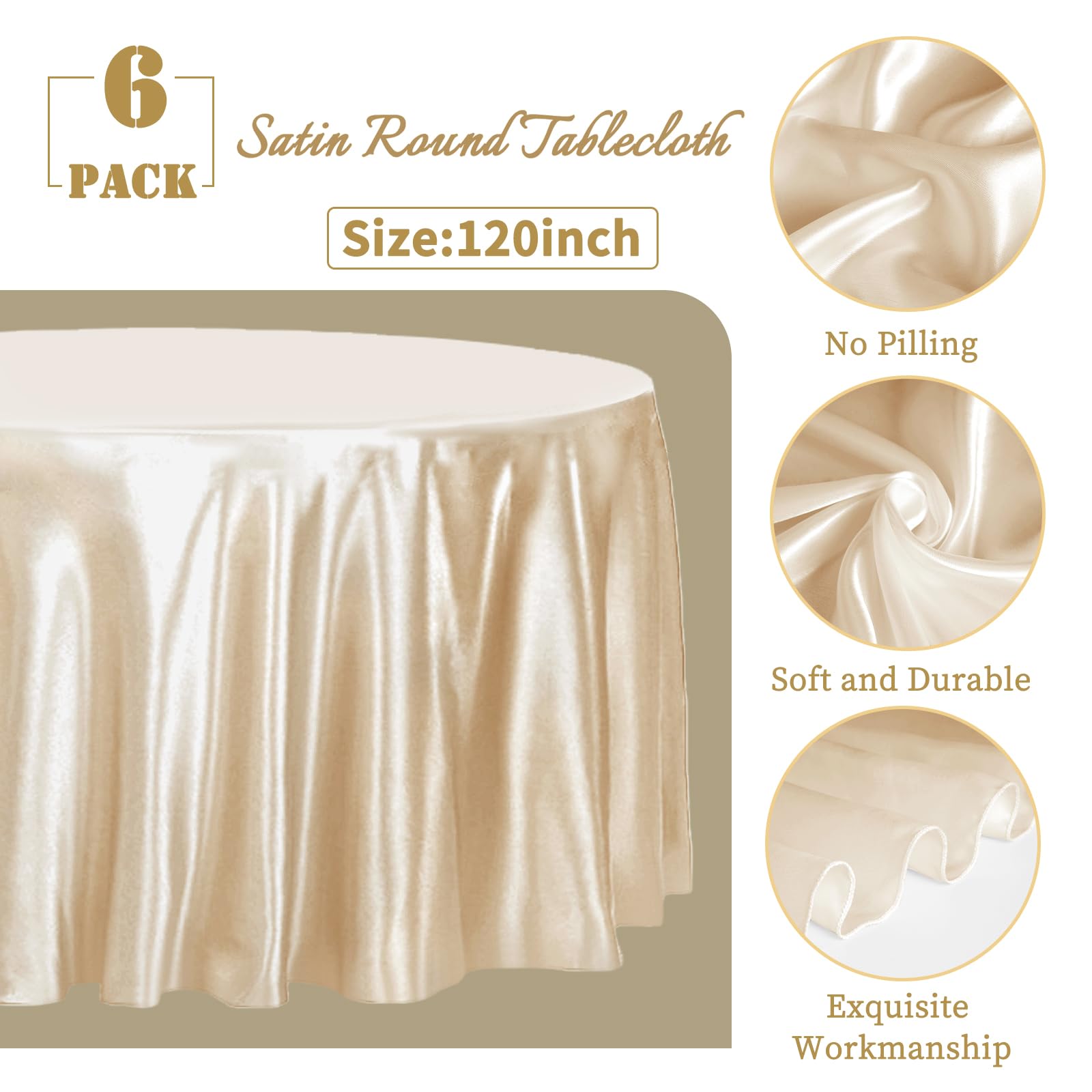fani 6 Pack 120 Inch Champagne Round Tablecloth - Premium Silky Satin Tablecloth Overlay Smooth Fabric Table Cover Linens, Table Decoration for Wedding Party Banquet Events Restaurant Kitchen Dining