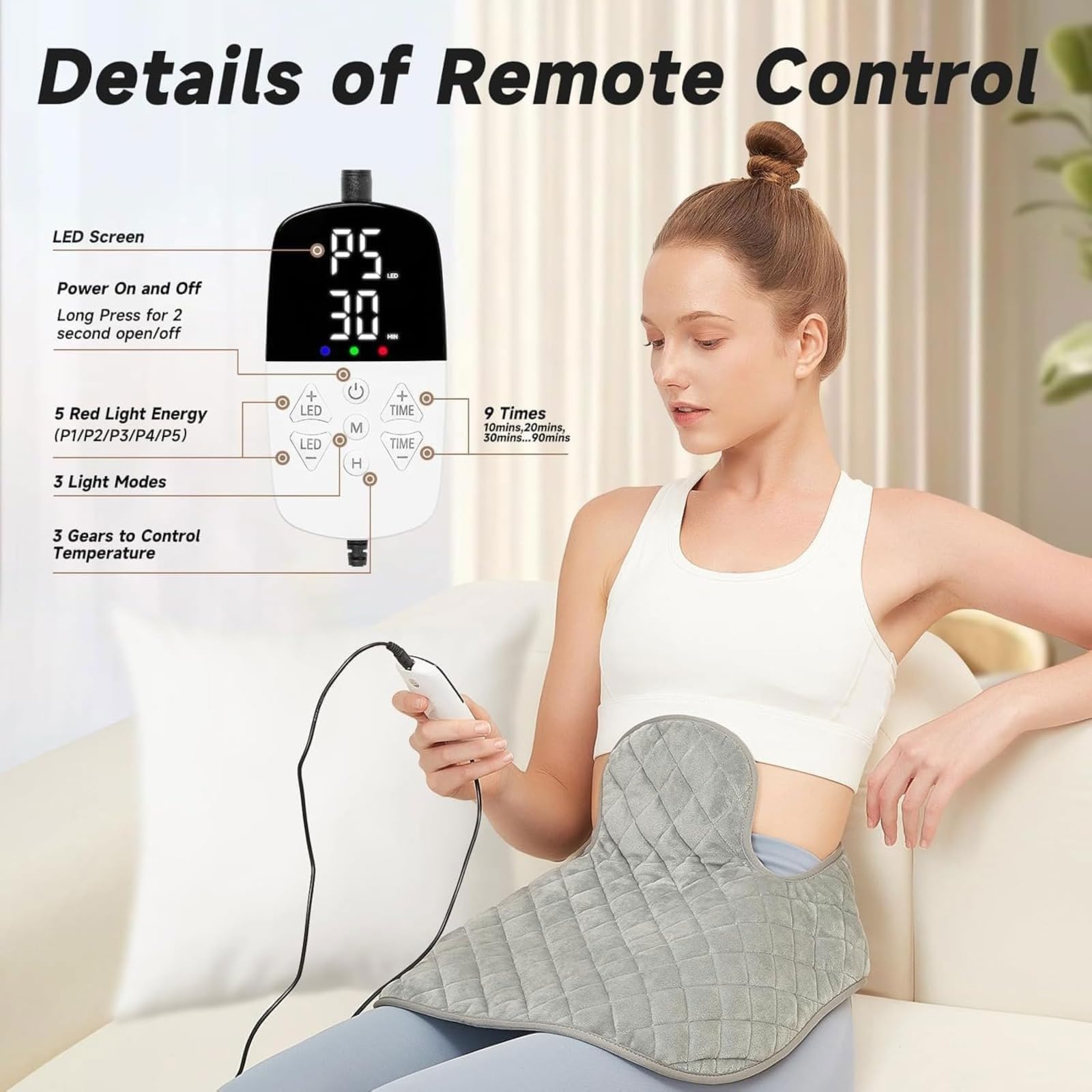 Dispositivo de terapia de luz infrarroja, almohadilla para aliviar el dolor de cuello, hombros y espalda, 3 modos de calefacción, con control remoto, recuperación muscular portátil en el hogar, mejora