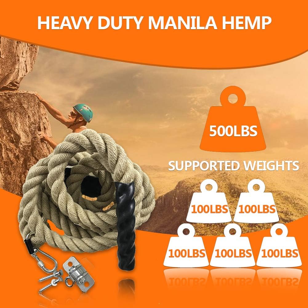 AJAFIT Gym Climbing Rope for Indoor or Outdoor Workouts,Fitness Exercise,1.5 Inch in Diameter 15/20/25 ft Length Available,Heavy Duty Manila Hemp Two Easy Install Modes (Hanger Included)(25) : Everything Else