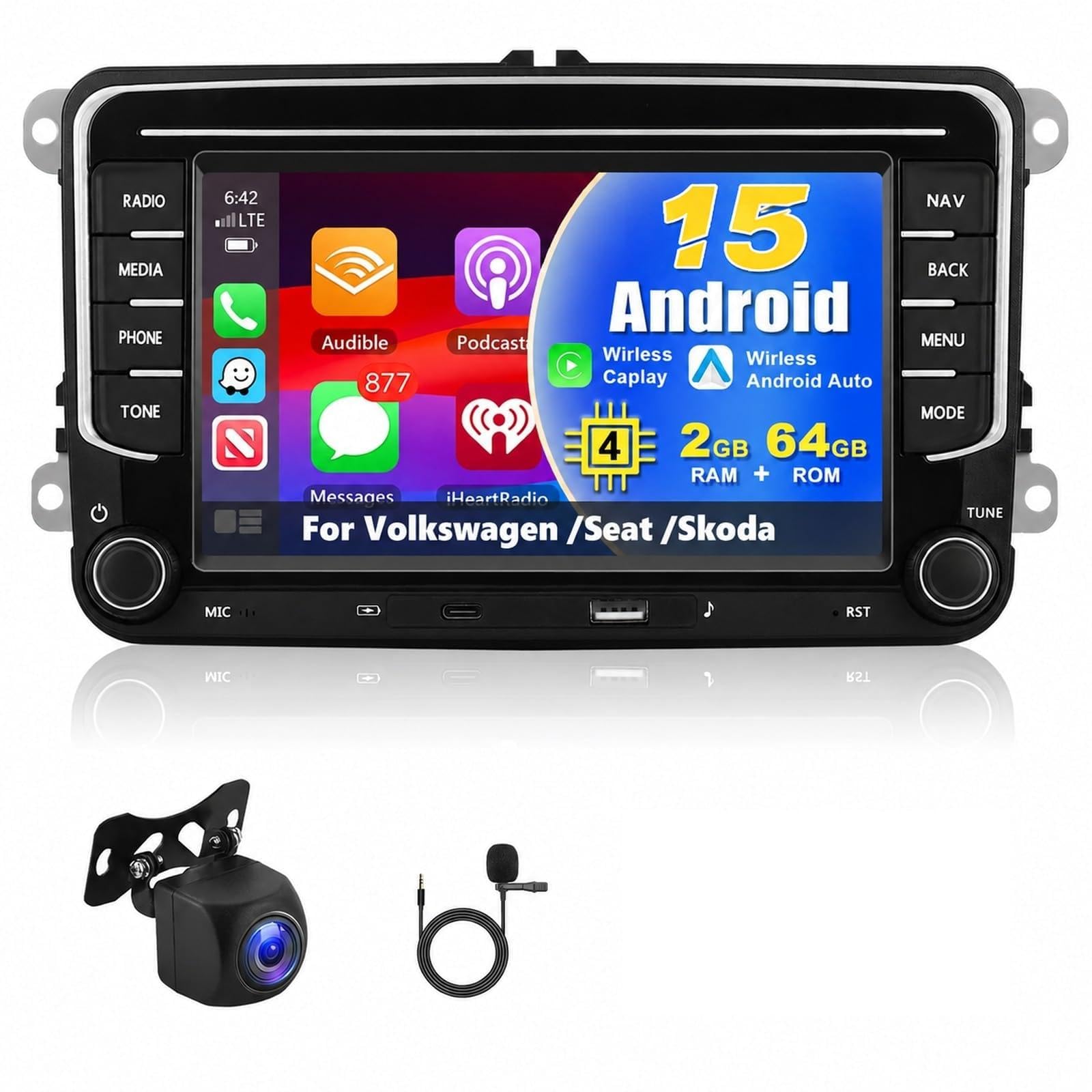 CarPlay Radio Coche para VW/Seat/Skoda con Inalámbrico Android Auto, 7" [2+64G] Bluetooth Android Pantalla Táctil con Bluetooth/EQ/GPS/WiFi/HiFi/FM/RDS/SWC/Siri+Mic+Canbus+Cámara Trasera