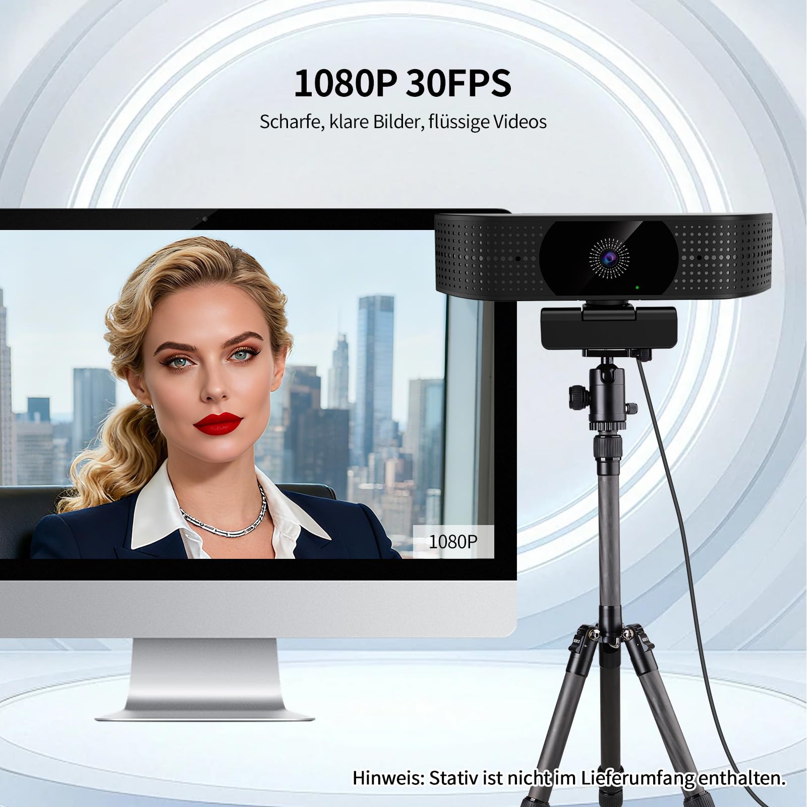 1080P Wireless Webcam für PC, Webcam mit geräuschreduzierendem Mikrofon, 92°FOV, 360° Drehung, Plug and Play, kabellose Kamera für Konferenzbesprechungen (USB-Kabel Stromversorgung)