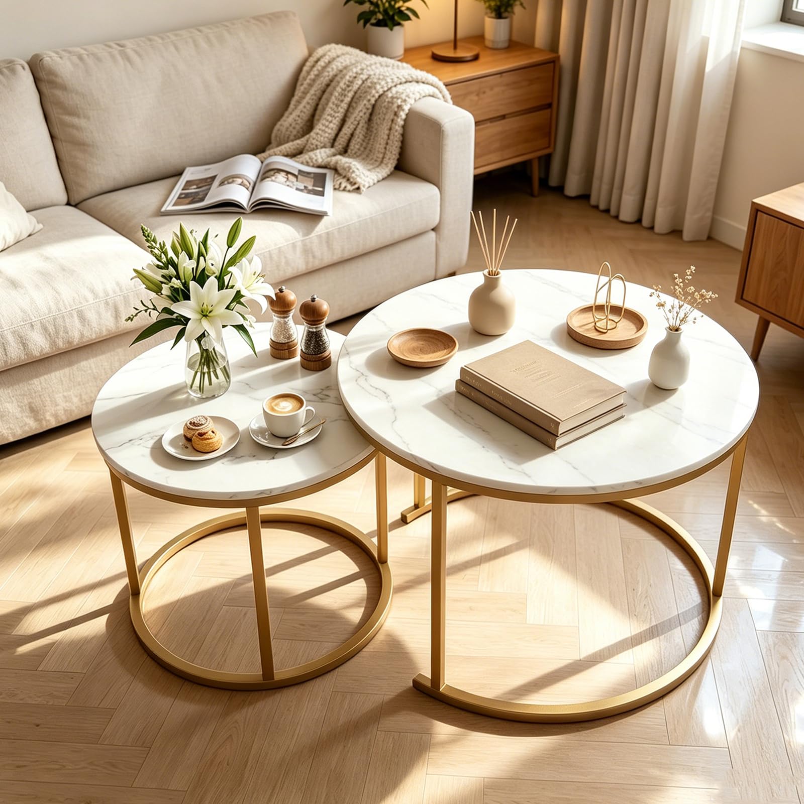 Nesting Coffee Table with Faux Marble and Gold Base