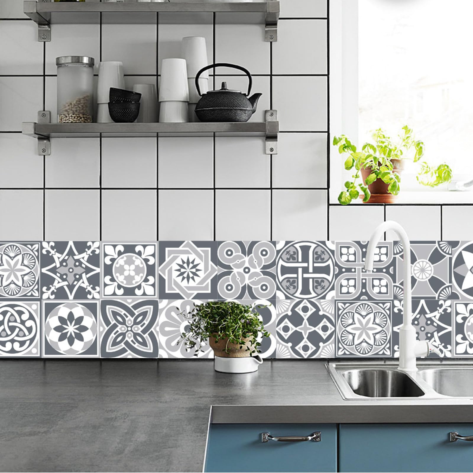 Piastrelle Adesive Cucina Modello Grigio Chiaro Pavimento pvc Adesivo Mobili Decorazioni Piastrelle Adesive Bagno Impermeabile Resistenza all'olio Mattonelle Adesive