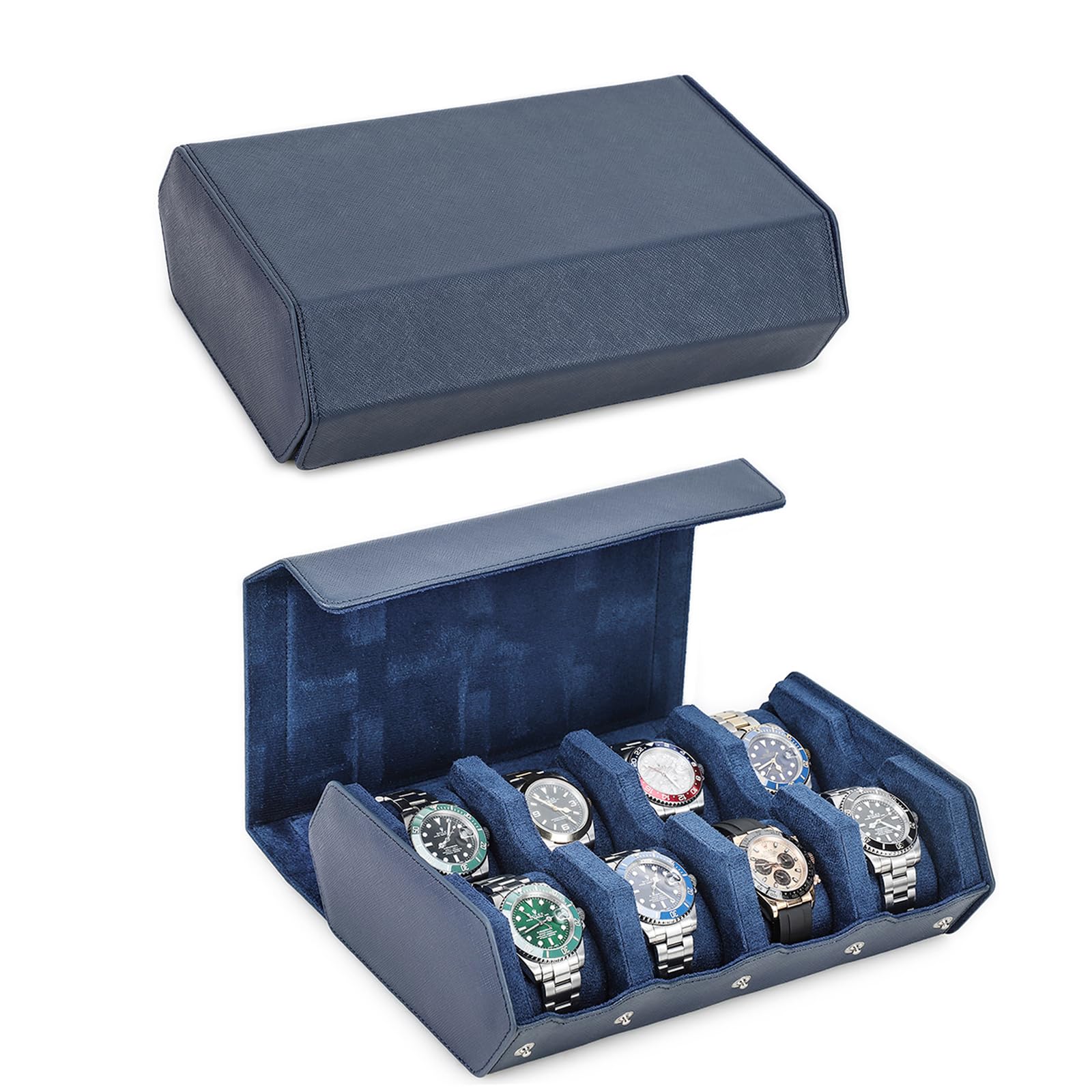 HVMBEUGOS Hiram Hexagon Watch box Genuine Saffiano Leather Watch Case for 8 Watches, Leather 8-Slot Watches Protective Storage Case Watch Display Organizer for Men (Blue)