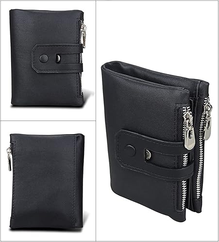 Miniatura 5 de Cartera de cuero genuino para hombres RFID bloqueo plegable con bolsillo para monedas, billetera de seguridad con cremallera, Negro 01, Cartera de