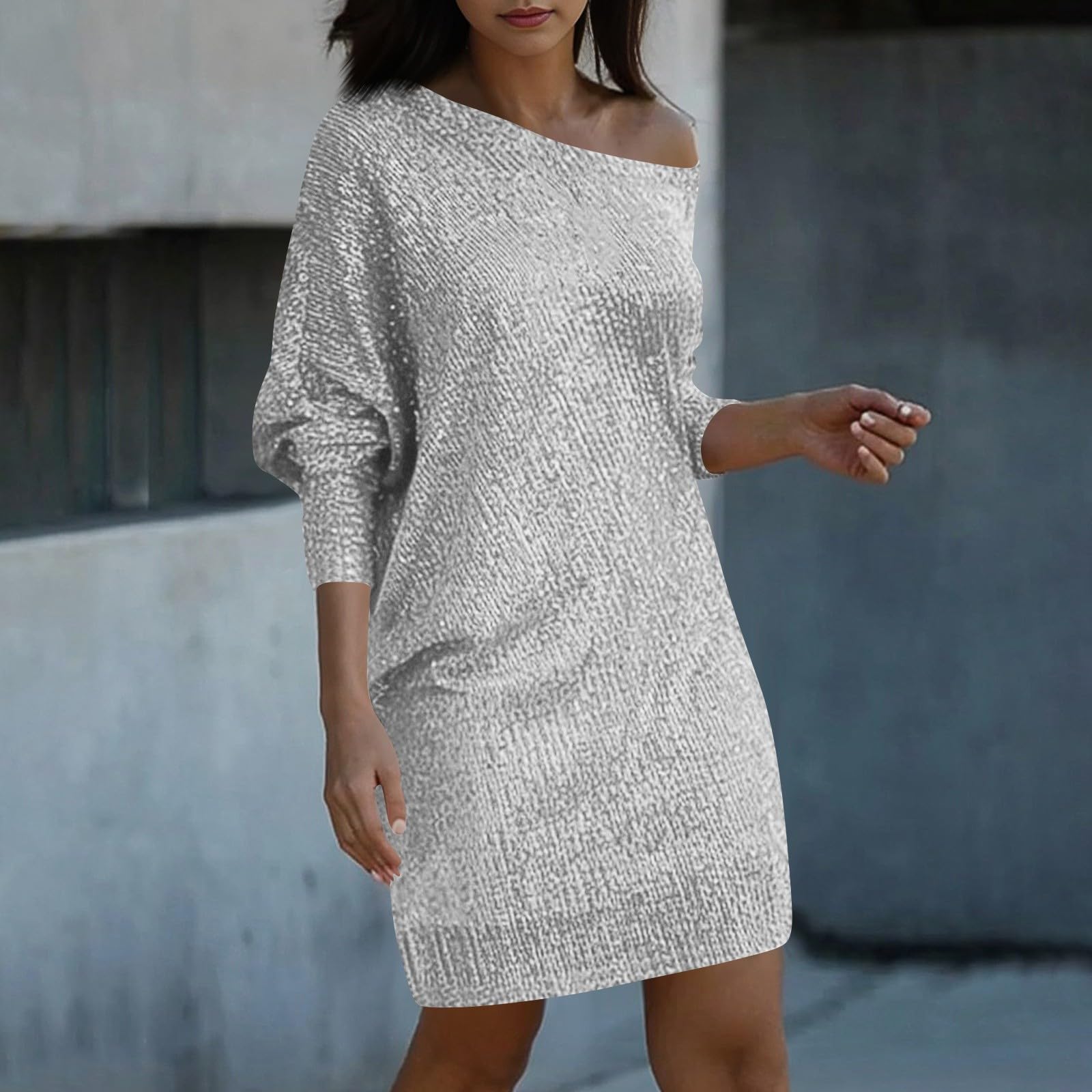Robe de Soiree Femme Robe à Manches Longues éPaules Dénudées Couleur Unie Sexy Brillante éLégante à La Mode