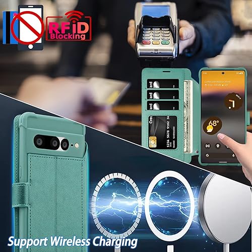 Miniatura 4 de VANAVAGY Funda tipo cartera compatible con Google Pixel 7 Pro para mujeres y hombres, funda de piel con tapa RFID con soporte para muñecas, carga