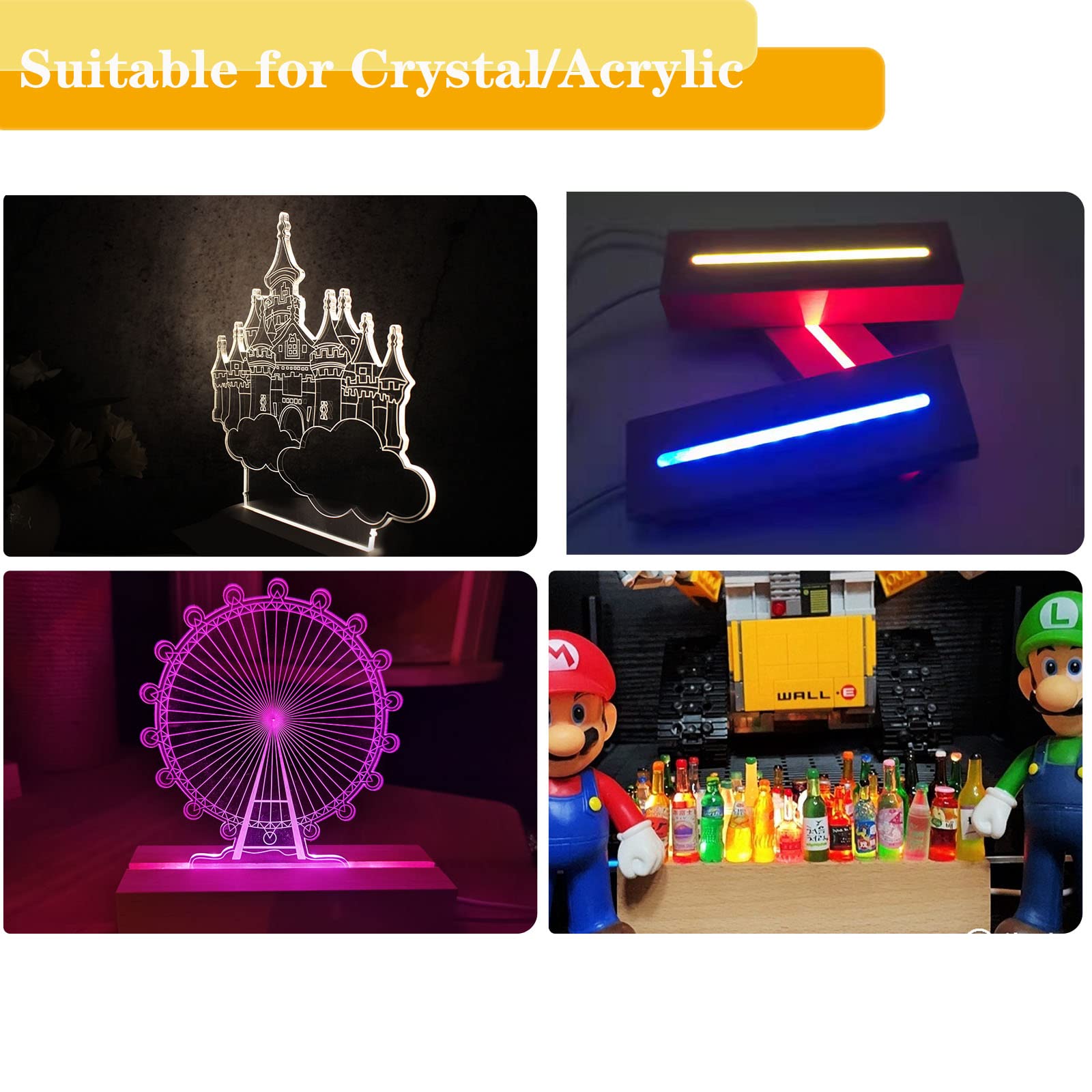 Socle d'affichage rectangulaire de 15,2 cm, base d'affichage rectangulaire colorée à LED, support de base en bois pour acrylique, cristal, veilleuse, art en résine de verre
