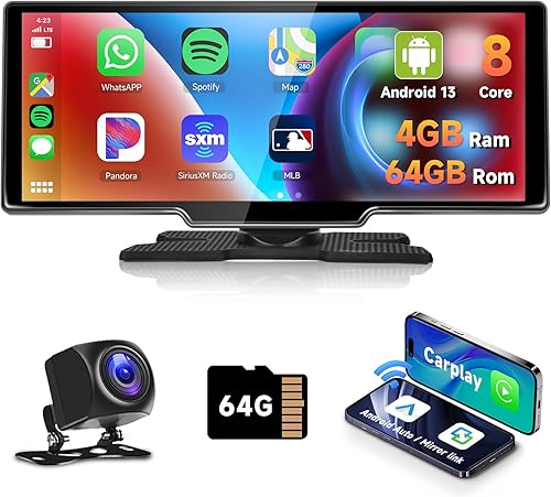 Miniatura 1 de Podofo Octa-Core 4G 64G Android portátil inalámbrico Apple CarPlay pantalla para coche con cámara de respaldo, 10.26 pulgadas HD Android Auto