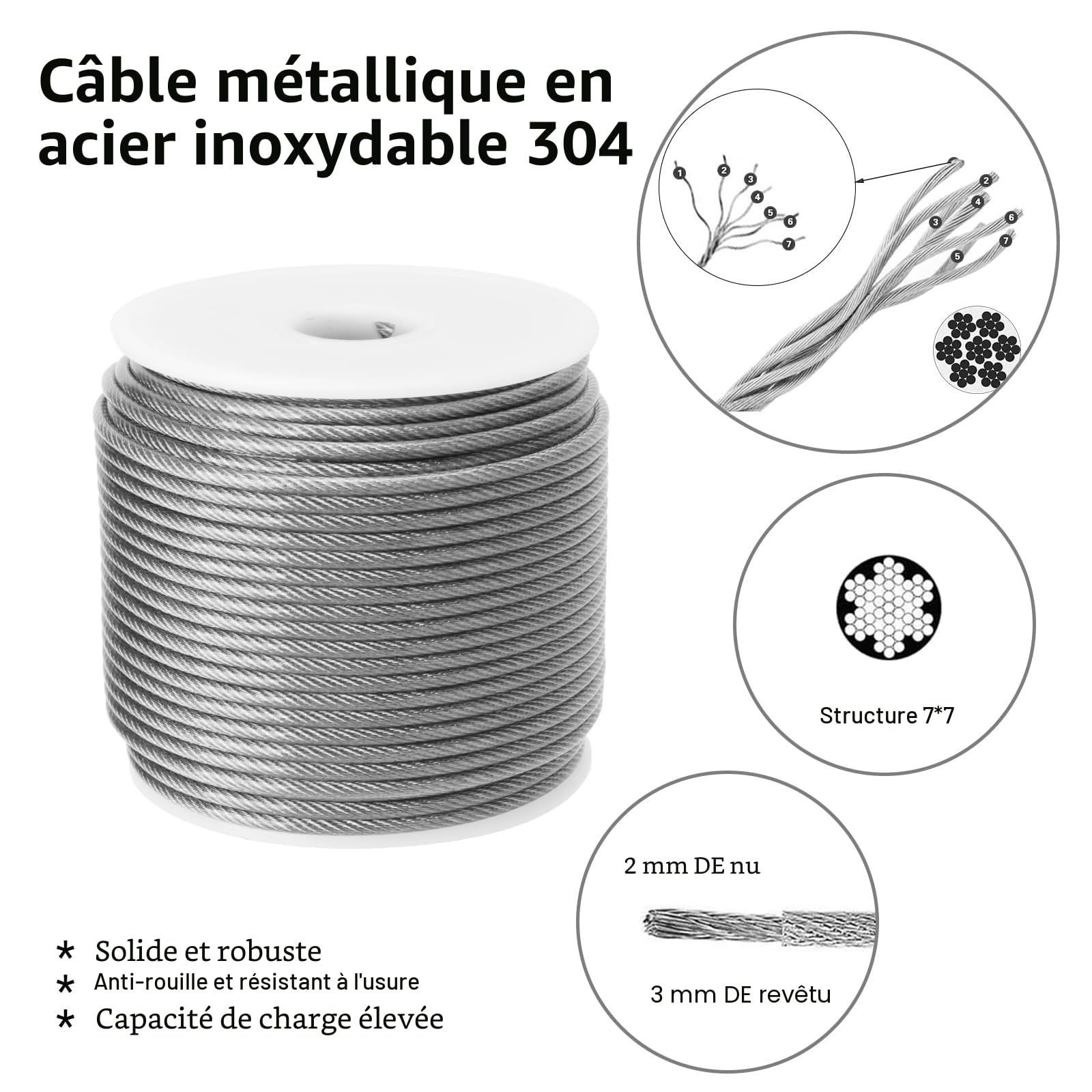 50m Câble Acier Kit, Câble Métallique en Acier Inoxydable Épais de 3mm, Tendeur Câble Inox avec Tendeur M5 de Fil, 304 Cable Acier Inoxydable à Noyau 7 x 7 Brins pour Plante Grimpante, Corde à Linge