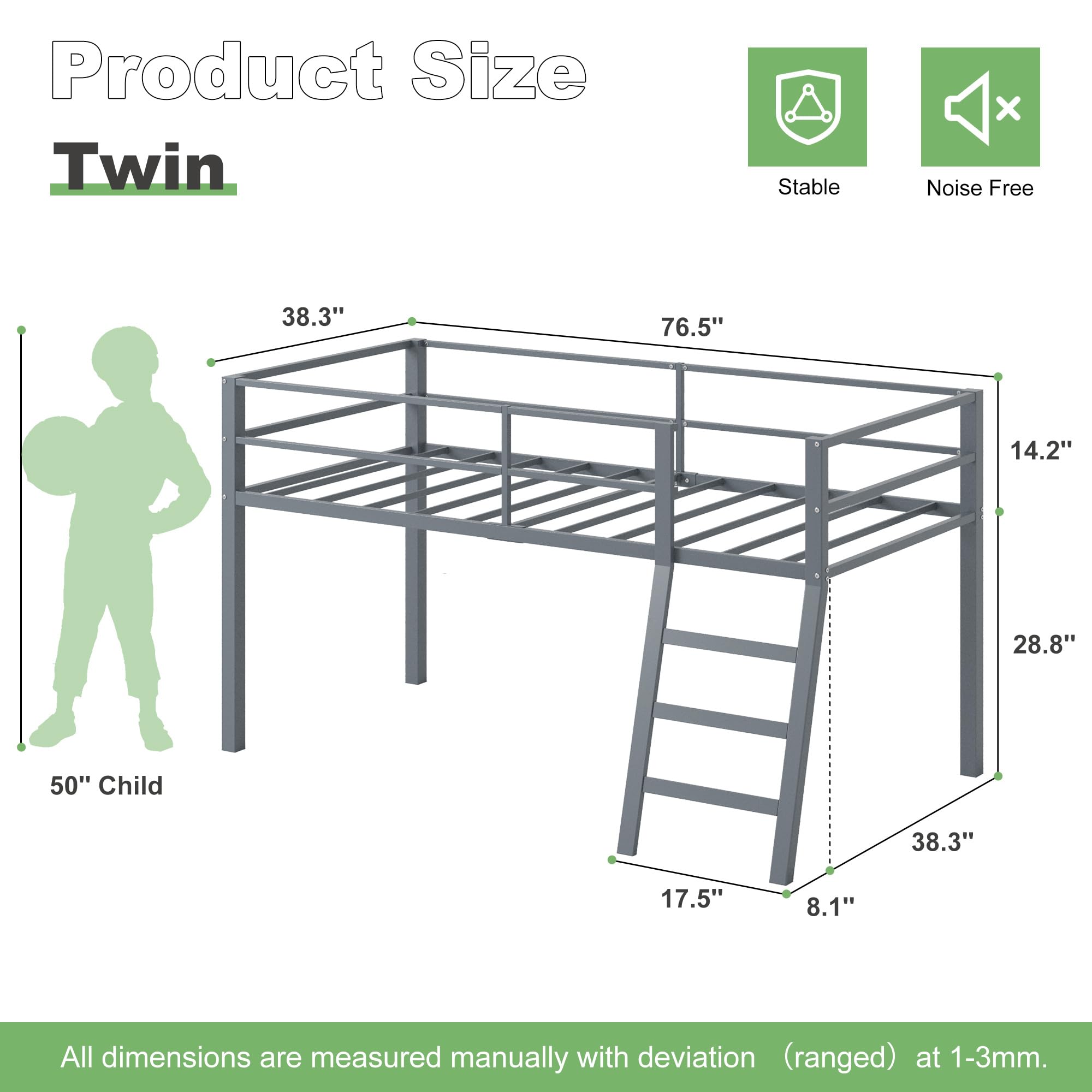 Cama tipo loft de metal bajo con escalera y barandilla para niños o adolescentes, cama tipo loft que ahorra espacio, tamaño individual para dormitorio pequeño, color gris 3