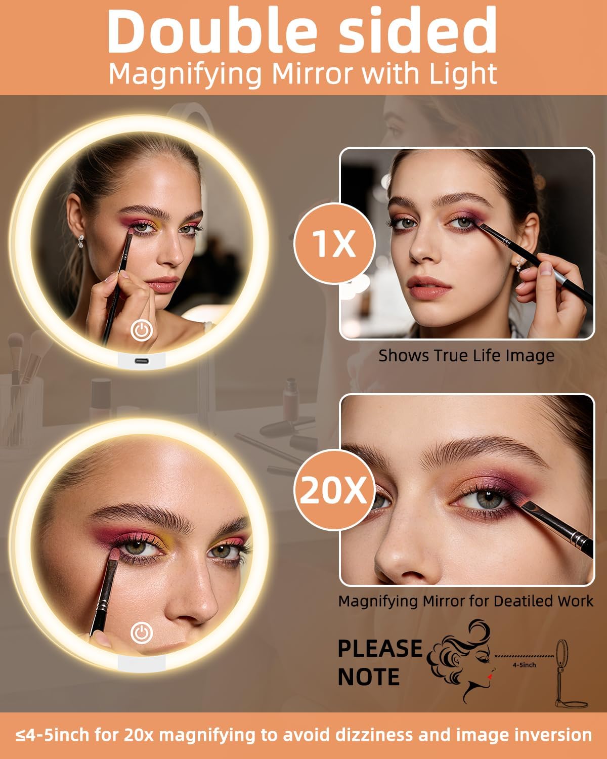 Travel Magnifying Makeup Mirror with Lights, Dual Sided 1X/20X Lighted Magnifying Mirror, Rechargeable 3 Colors Dimming Lighting, Large Size of 6inch, Foldable Design, 360°Angle Adjustable thumbnail