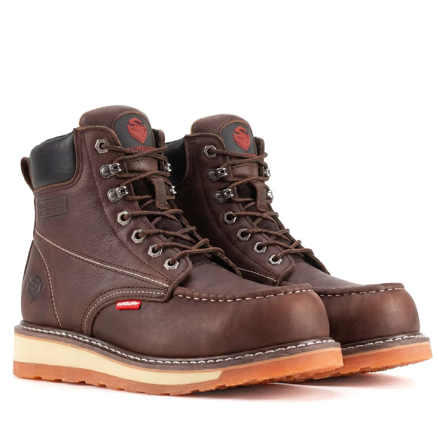SUREWAY 15,2 cm lange Herren-Arbeitsstiefel aus robustem Stahl/Verbundwerkstoff/weicher Zehenbereich, bequem und langlebig, Goodyear-Welt, Vollnarbenleder, öl-/rutschfest, Keilabsatz