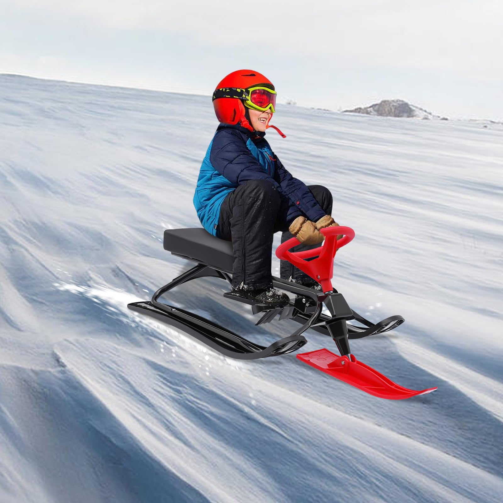 Snow Racer Sled - Trineo de nieve (114 x 50 x 38 cm, con volante y frenos dobles, superficie antideslizante, robusta, para niños y adultos, 100 kg)