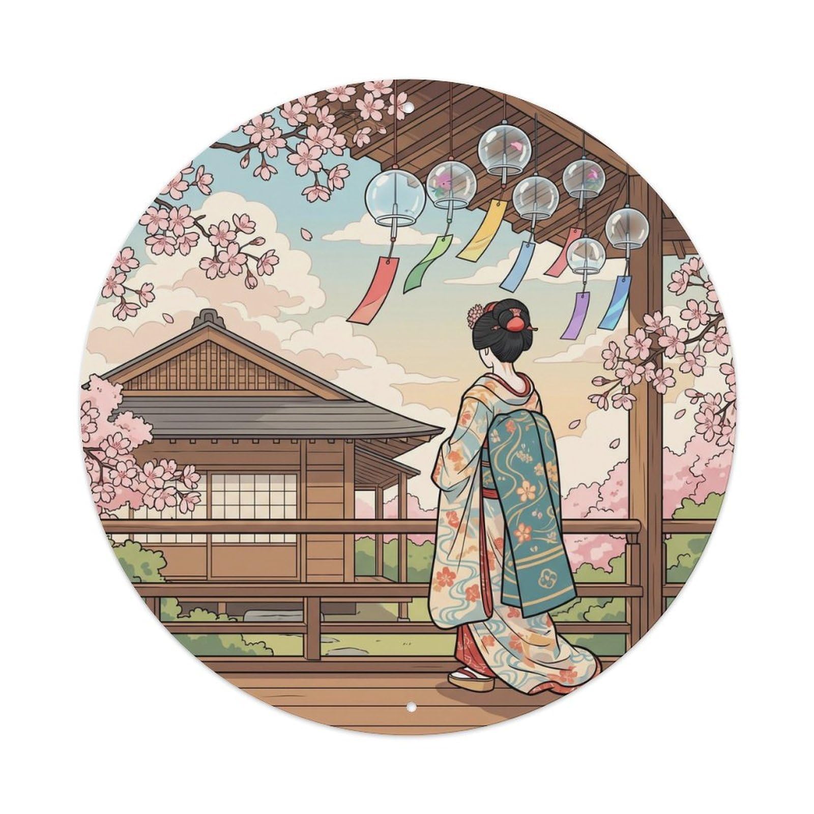 Galvaxio Style Japanese Kimono Woman Listening Wind Chimes Summer Metal Tin Sign