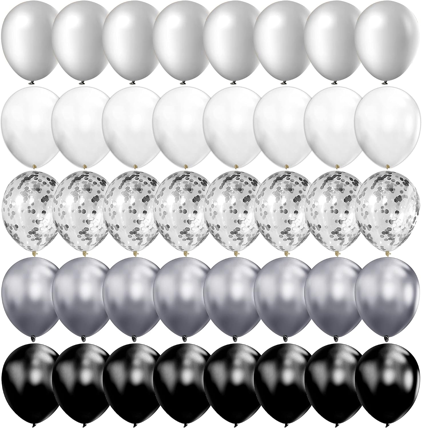 100pcs Chrome Metallic Balloons and Confetti Balloons 12 Inch Latex Party Balloons Silver Black White Balloon for Wedding Engagement Birthday Decorations