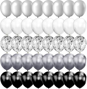 100pcs Chrome Metallic Balloons and Confetti Balloons 12 Inch Latex Party Balloons Silver Black White Balloon for Wedding Engagement Birthday Decorations