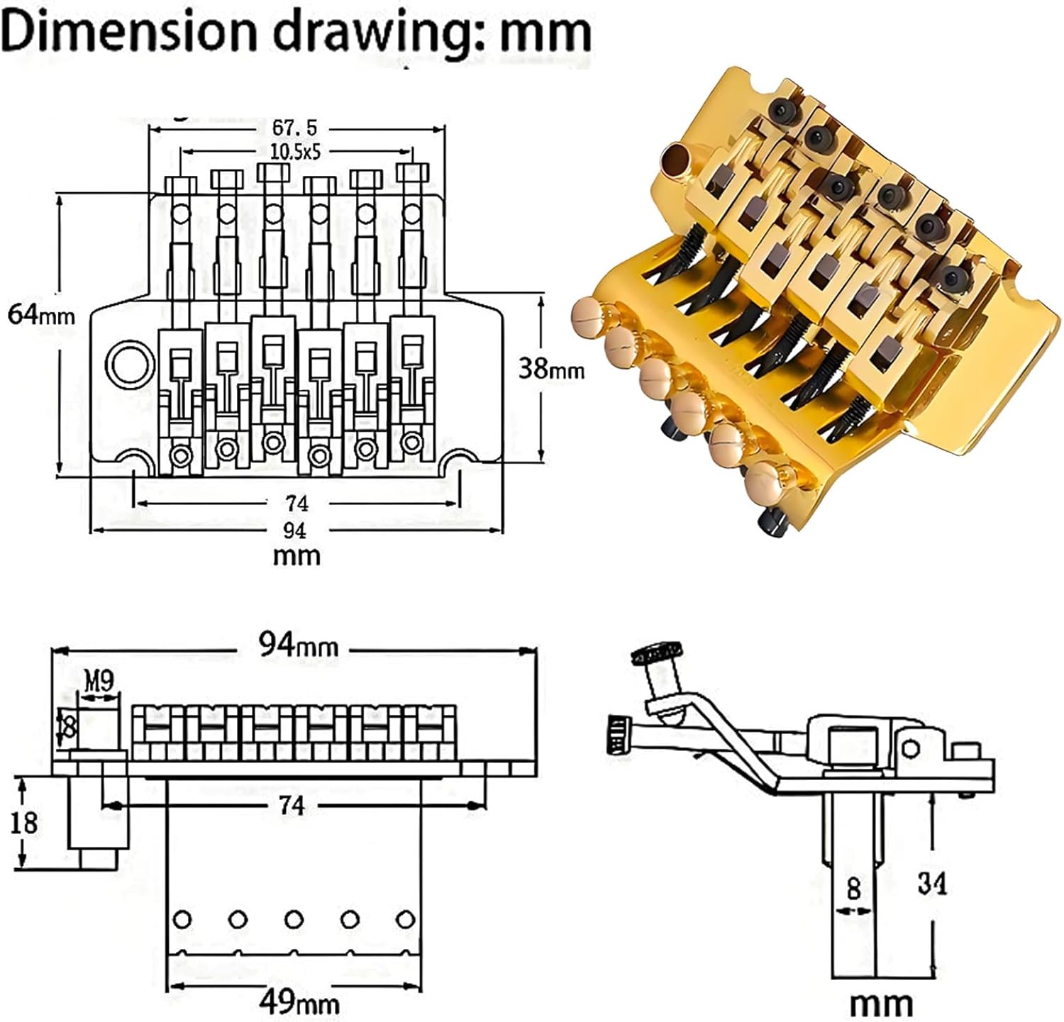 Double Locking Tremolo Bridge System with Arm - Compatible with Floyd Rose & Strat Replacement| Chrome Upgrade Kit for Electric Guitars (Gold)