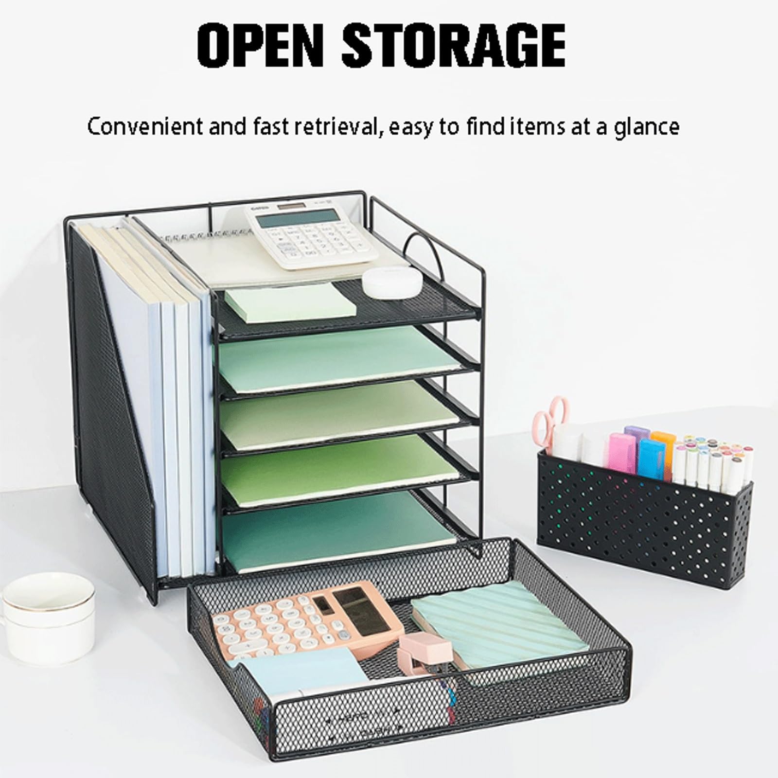 Organizer Scrivania Rete Metal, 5 Comparti Porta Organizzatore Scrivania Cassetto con 2 Portapenne per Casa Ufficio(Purple)