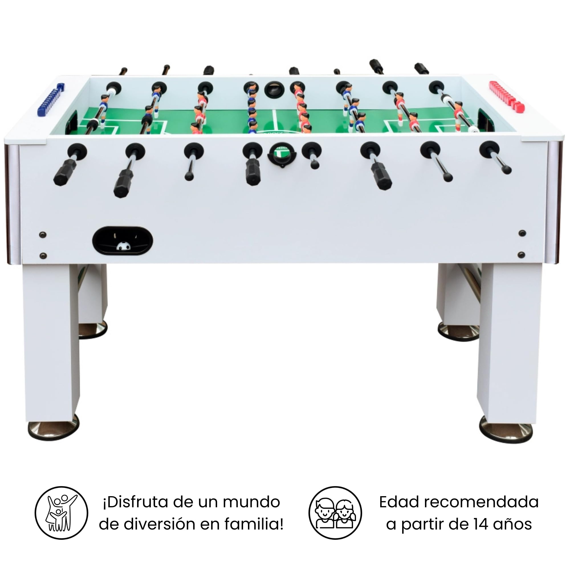 DEVESSPORT Futbolín Semi Profesional Salón Blanco con Retorno de Bolas| Jugadores de Piernas Separadas + Retorno de Bolas + 2 Pelotas Incluidas | Pack Futbolín Semi Profesional con Niveladores