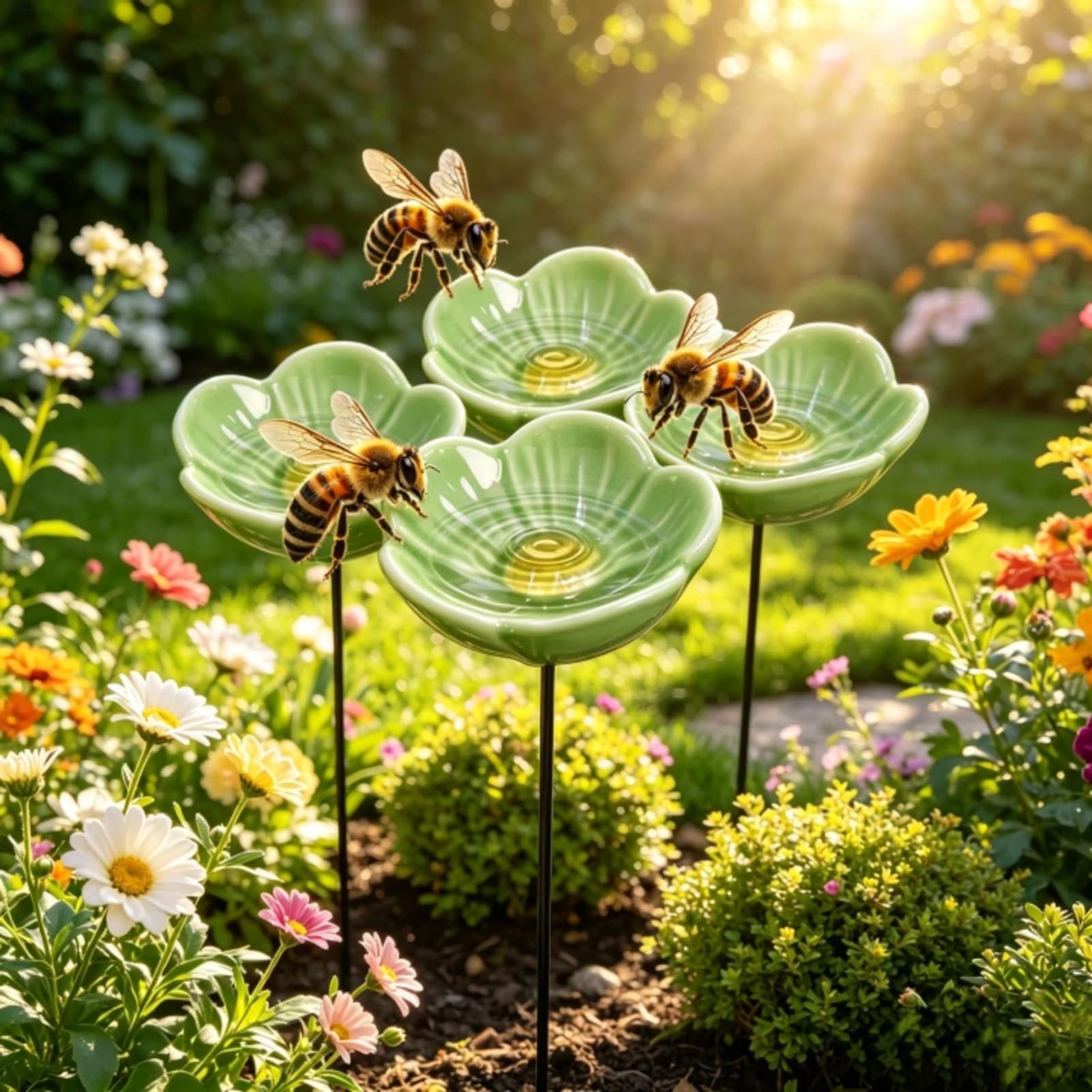Bee Watering Station for Garden, 4PCS Bee Bath Cups for Garden Stake, 11 Inch Handmade Ceramic Flowers Cups for Bees, 2026 New Bees Water Feeder for Gardens Accessories Decor