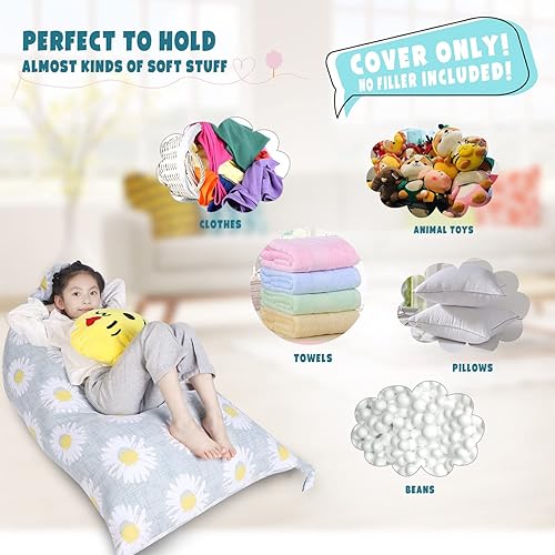 Miniatura 3 de Funda para puf de almacenamiento de animales de peluche, lona con margaritas de felpa, artículos de almacenamiento y asiento sentado para niños,