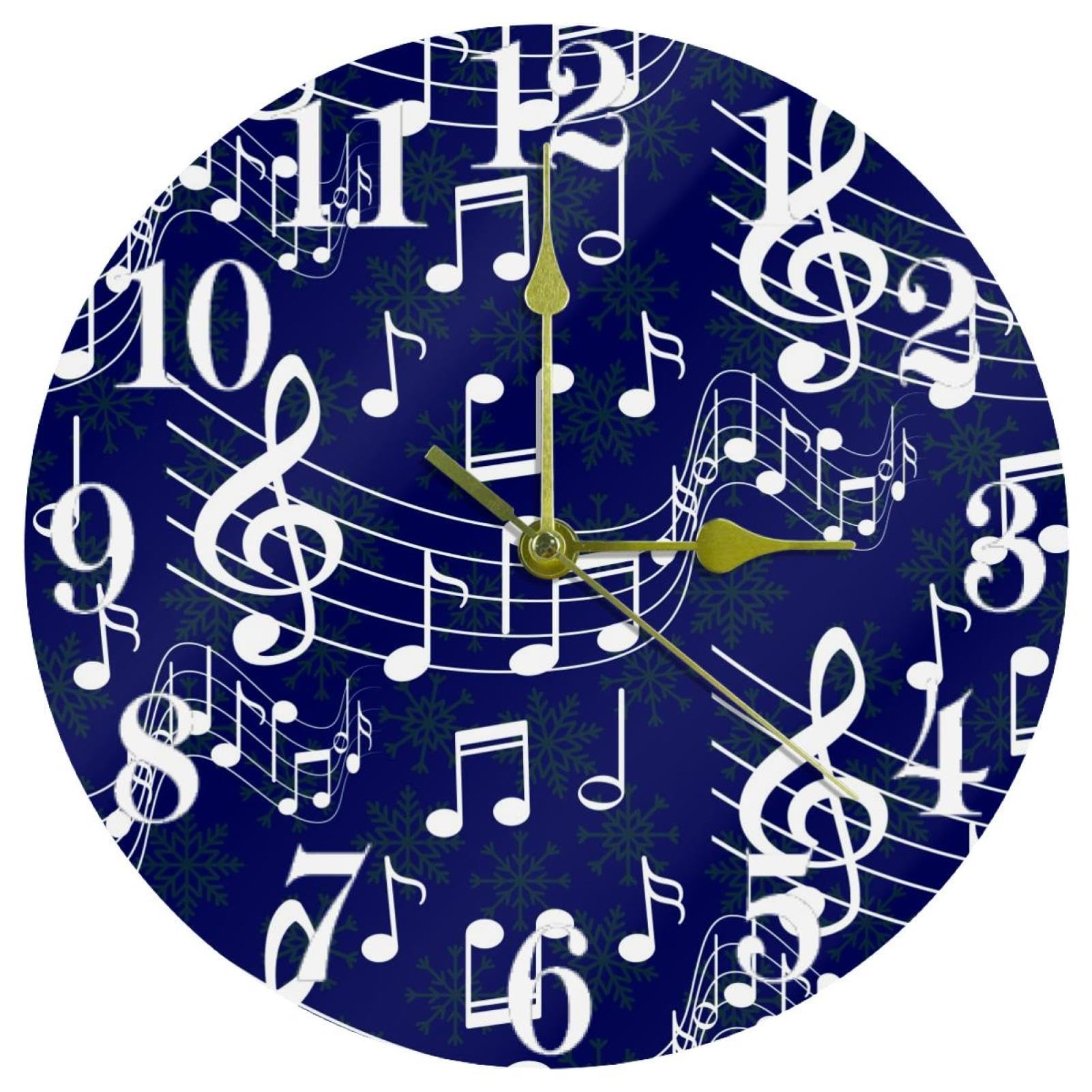 Horloge murale bleue notes de musique sans tic-tac pendule ronde à pile pour chambre