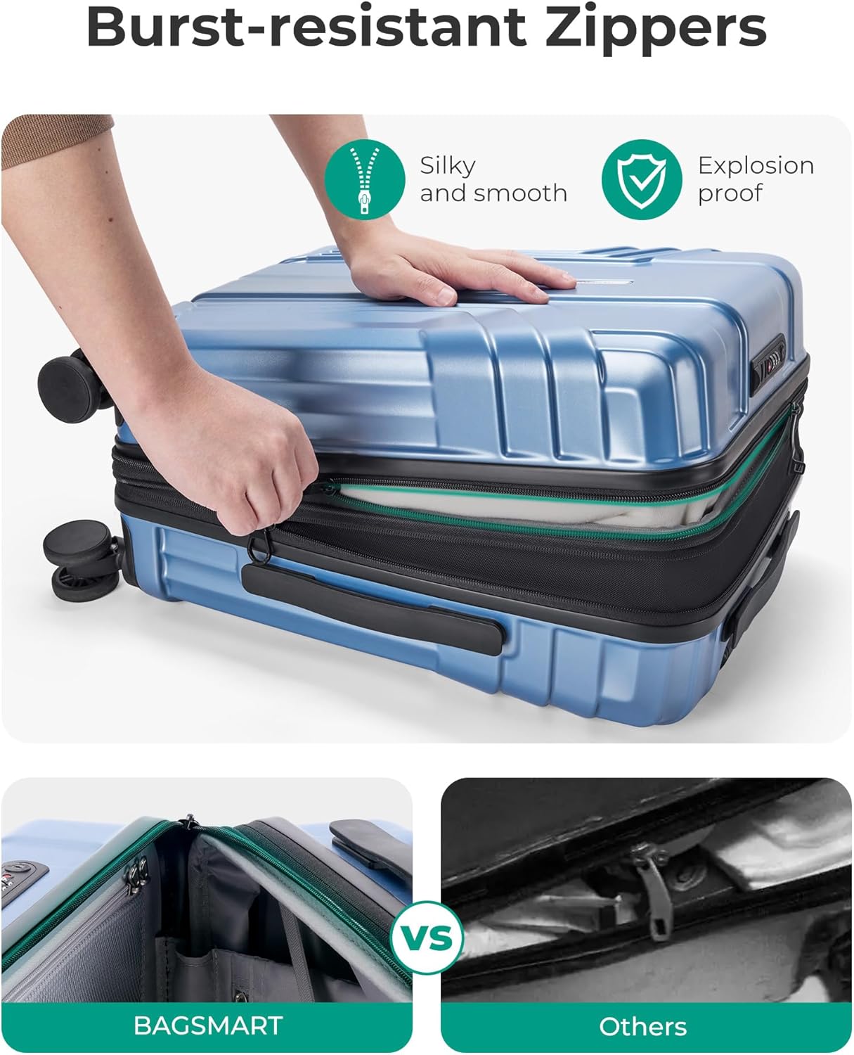 BAGSMART Expandable Carry On Luggage 22x14x9 Airline Approved, 1OO% PC Lightweight Hard Shell Suitcase, 20 Inch Travel Luggage with Spinner Wheels, Waterproof Rolling Suitcase,Blue - Image 4