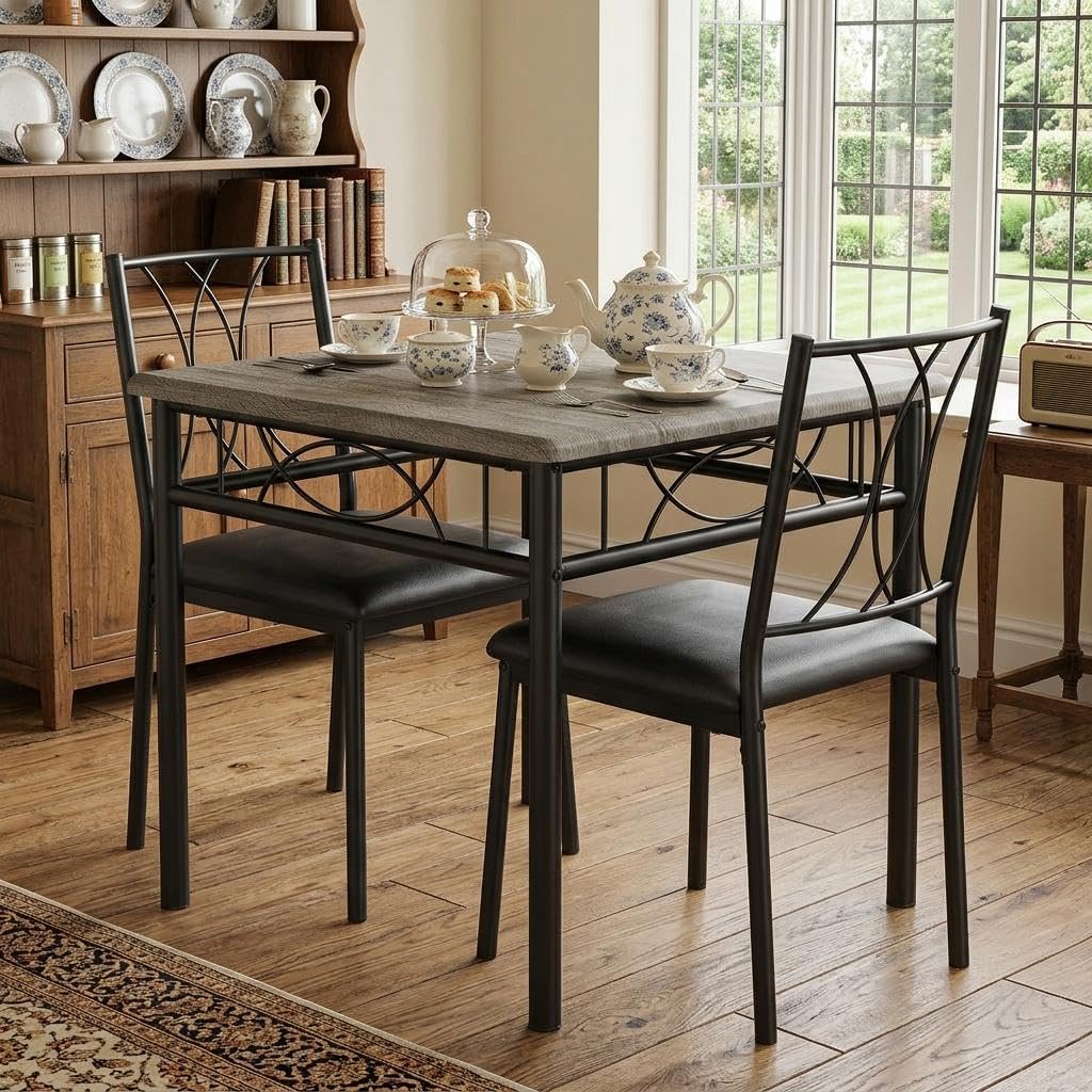 GarveeMore Dining Table and Chairs Set of 2, Space Saving Square Kitchen Table with Upholstered Seats, 2 Seater Modern Metal Stowaway Bistro Set for Flats & Breakfast Nooks, Grey