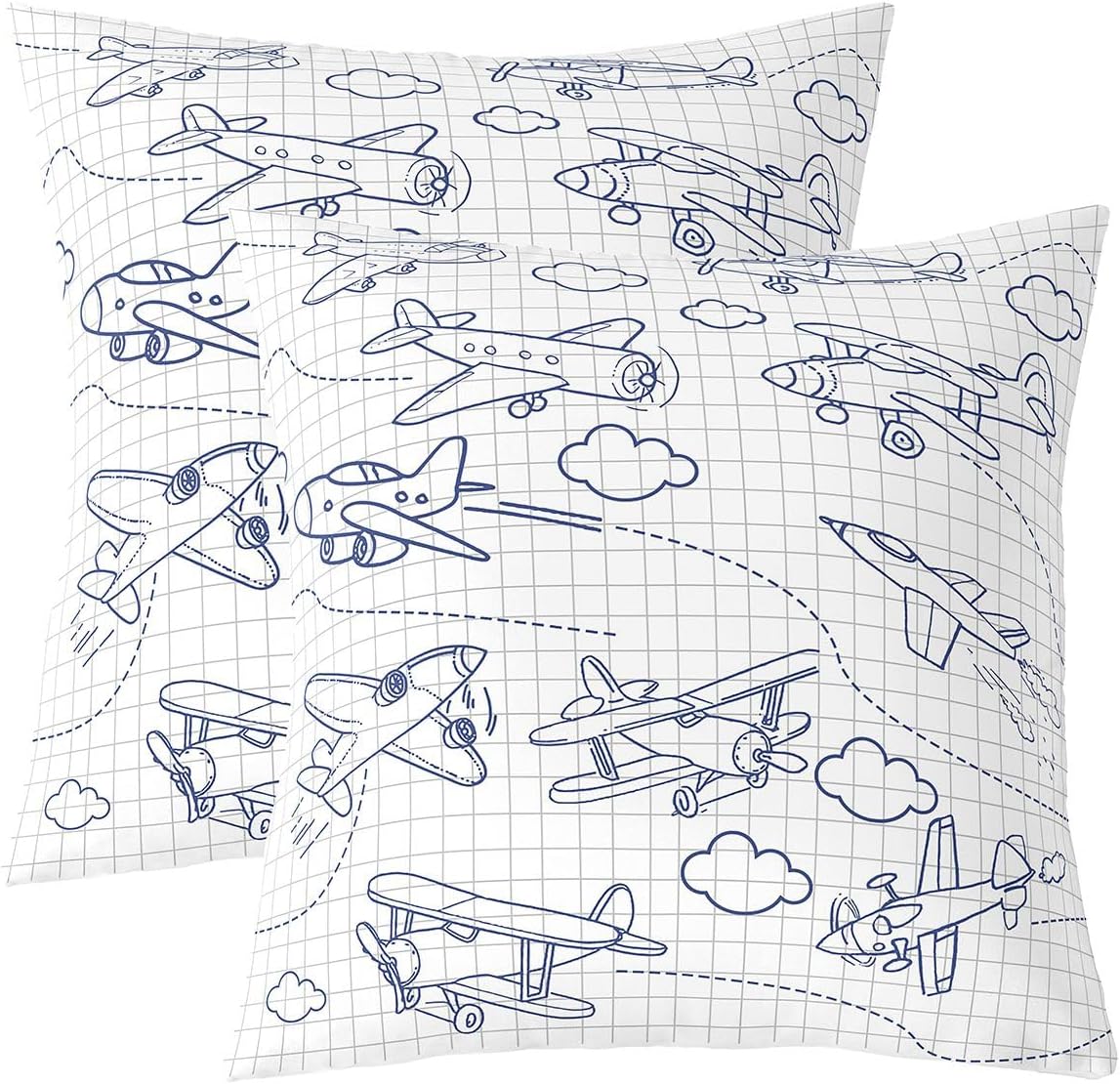 Feelyou Airplane Throw Pillow Covers 22"x22" Set of 2 Soft Kids Flight Decorative Throw Pillowcases for Toddler Travel Blue and White Pillow Cases Cushion Covers Aircraft Cushion Cases Room Decor