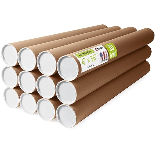 Tubos de correo de papel kraft reforzado de 4 x 36 pulgadas, paquete de 12 tubos con 2 tapas cada uno, tubo de cartón aprobado por USPS para envío y