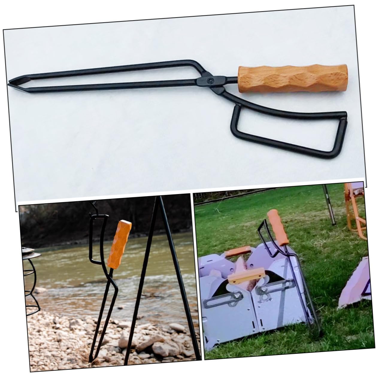 Pinza per Legna da Campeggio e Caminetto in Ferro Manico in Legno | Fuoco da Campo e Stufa Interno, Manici Spessi, Non Si Deforma e Non Si Rompe