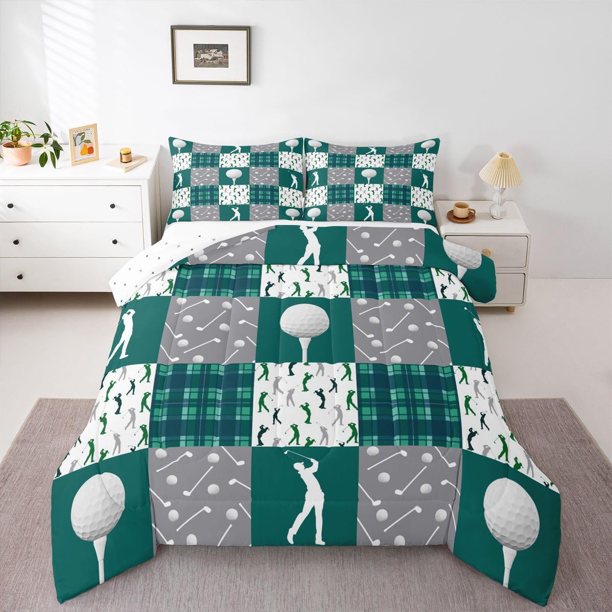 Feelyou Golf Comforter Set Toddler Size Green Plaid Buffalo Check Geometric Bedding Set for Kids Boys Girls Sports Theme Duvet Quilt Bedroom Decor Microfiber 2 Pcs with 1 Pillow Cases
