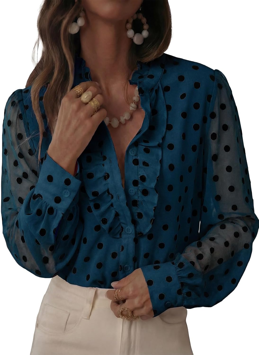 Astylish Womens Dressy Button Down Polka Dot Tops Trendy V Neck Sheer Mesh Long Sleeve Ruffle Trim Blouse Shirts