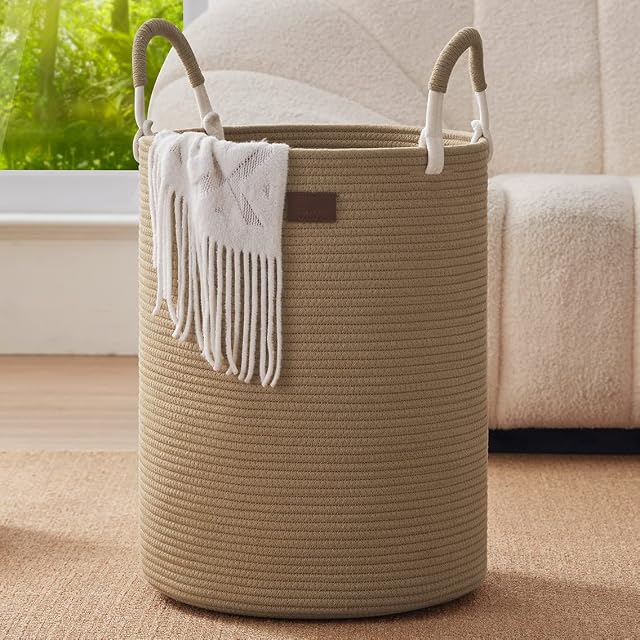 Laundry Basket, Woven Rope Laundry Hamper with Handles, Large Decorative Storage Basket for Clothes and Blankets in Living room, 15" x 20", Jute