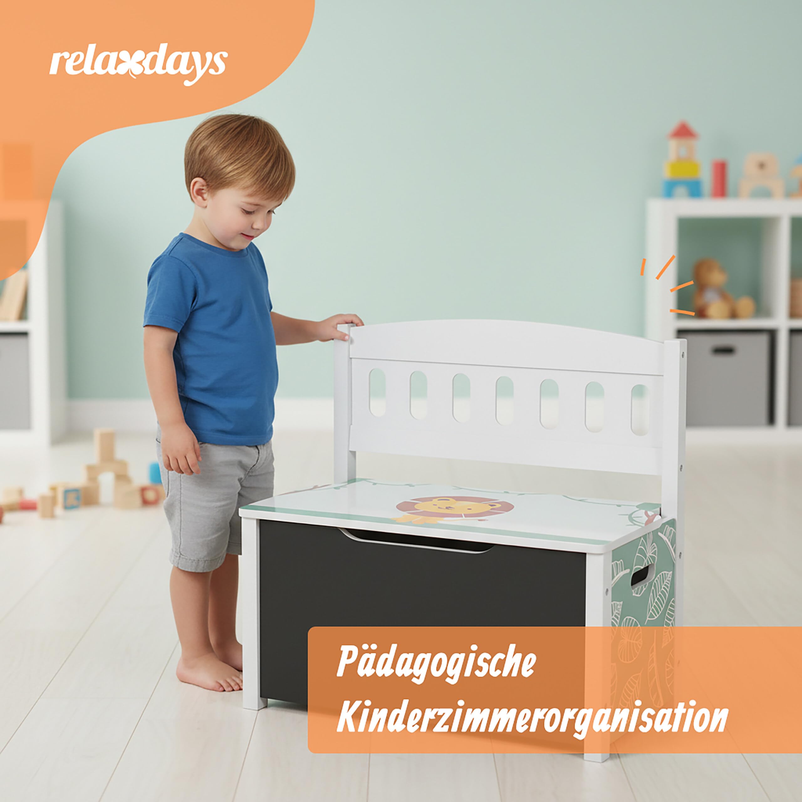 Relaxdays Kinderbank mit Stauraum, Tafel, Rückenlehne, HBT: 55,5 x 57 x 30 cm, Kinder, Löwenmotiv, Spielzeugkiste, bunt