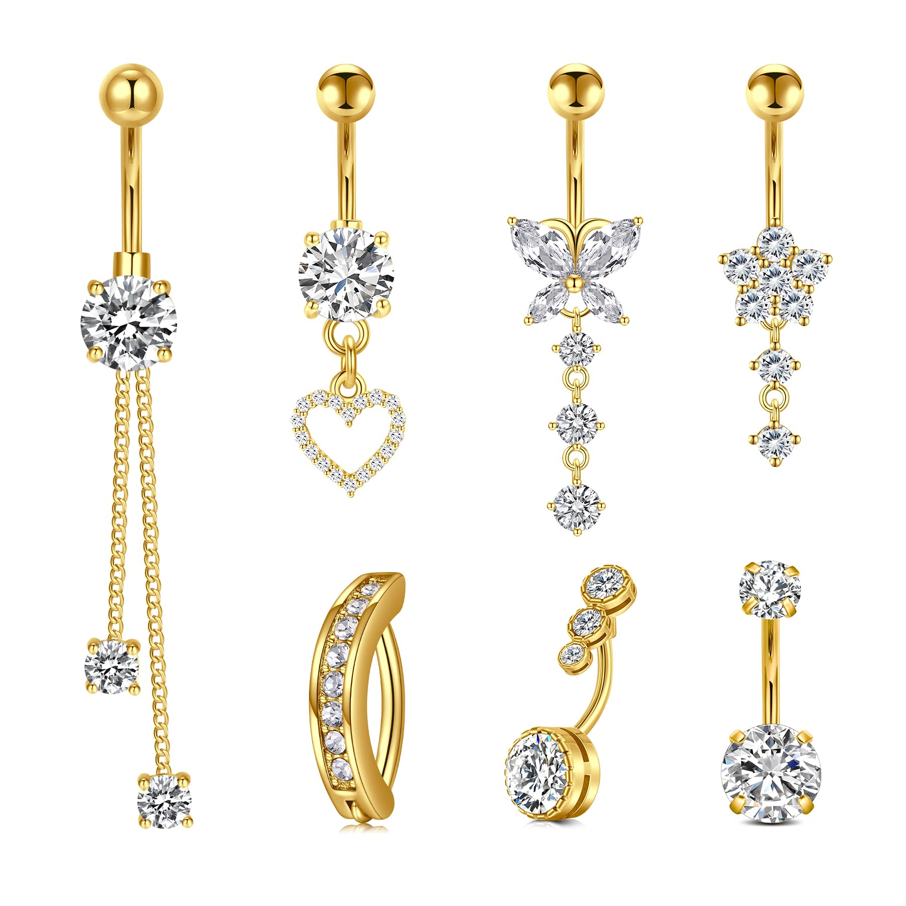 Mayhoop 14G Belly Button Rings 316L Surgical Stainless Steel Dangle Clicker Belly Ring Dangling Piercing Jewelry With Heart Flower Butterfly Silver