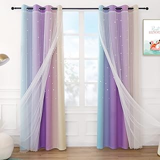 Anjee Curtains for Girls 2 in 1 Double Layer Cutout Star Light Blocking Ombre Grommets Top Drape with Lace Sheer Voile Gauze for Living Room Kids Bedroom 2 Panels 52 x 95 inch, Blue Purple Yellow