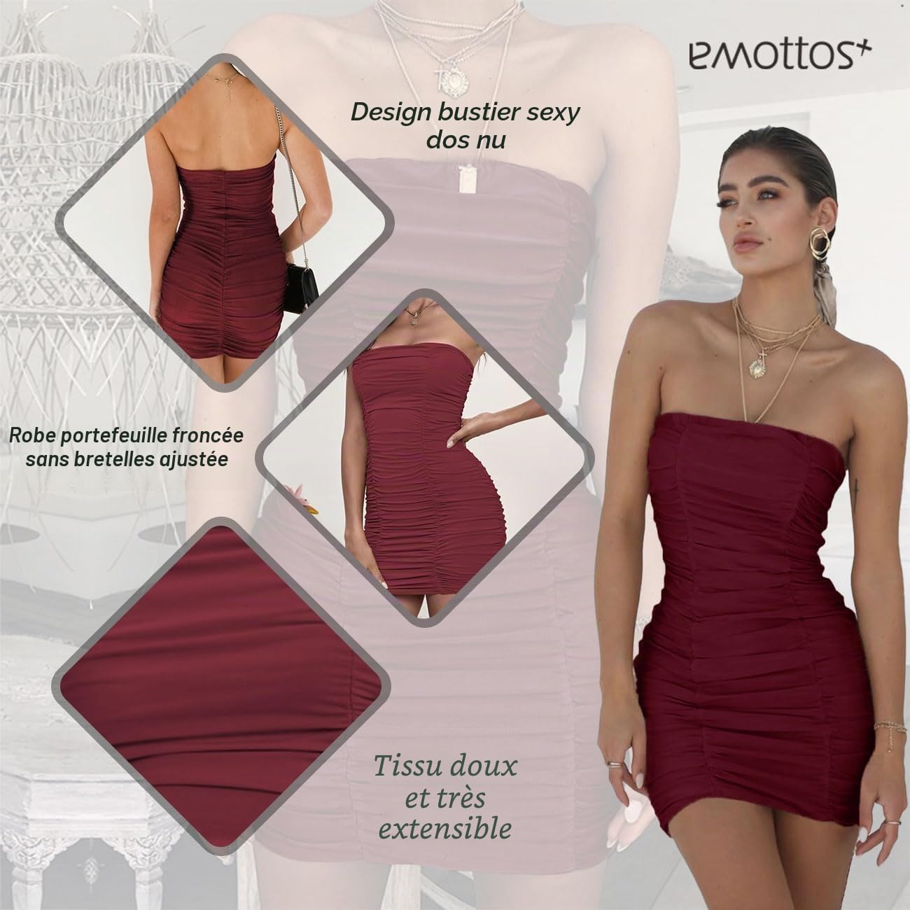 Mini Robe froncée Sexy, Summer Off Shoulder Robes enveloppantes sans Manches, Robe Bodycon Douce à Double épaisseur, Mini Robe Crayon Tube Club Cocktail Party(Noir/Blanc/Rouge, S-XL)