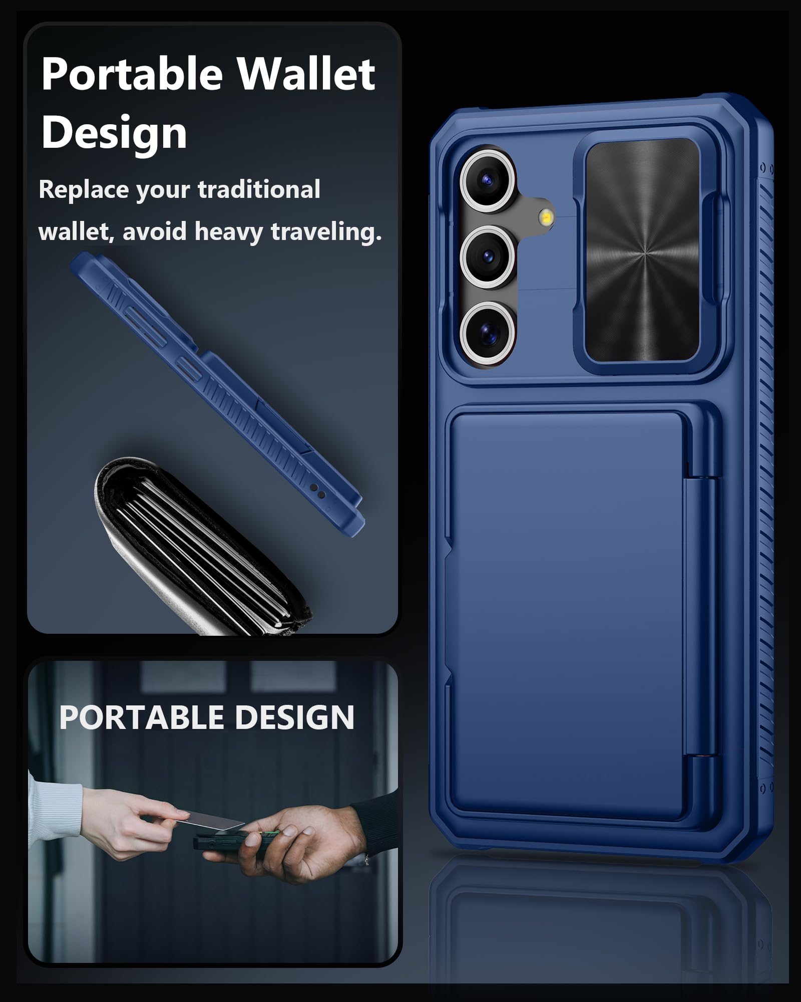 ATATOO Funda para Samsung Galaxy S24 FE con tarjetero (almacena 4-5 tarjetas) y funda para cámara deslizante y bloqueo RFID, protección de grado militar, funda tipo cartera de silicona resistente para