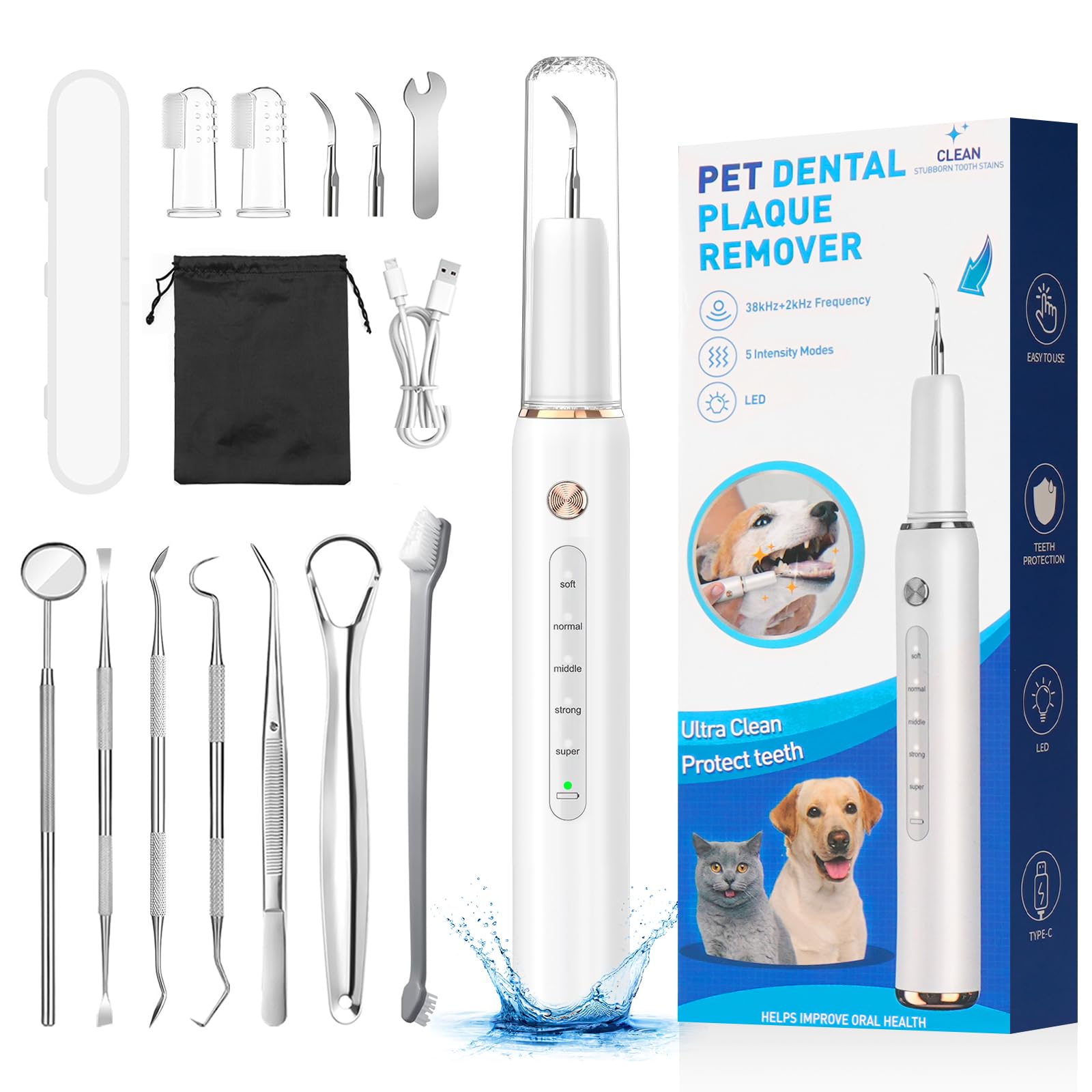 Limpieza Dental Ultrasonido para Perro y Gato, 5 Modos de Limpieza, IPX6, Limpiador Dental para Mascotas, Limpieza Dental y Kit de Limpieza para Perros y Gatos