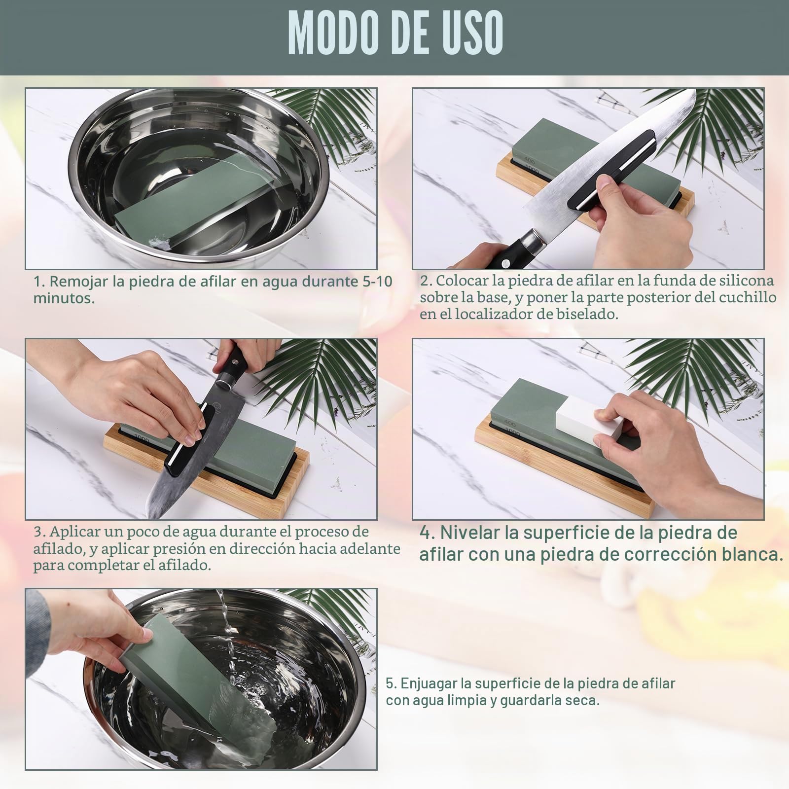 Mkitnvy Piedra de Afilar,Kit de Piedra de Afilar 400/1000 3000/8000, con Base de Bambú Antideslizante, Base de Goma Antideslizante y Guía de Angulo para Cocina,para Cuchillos de Cocina., WF-MDS-ZF052