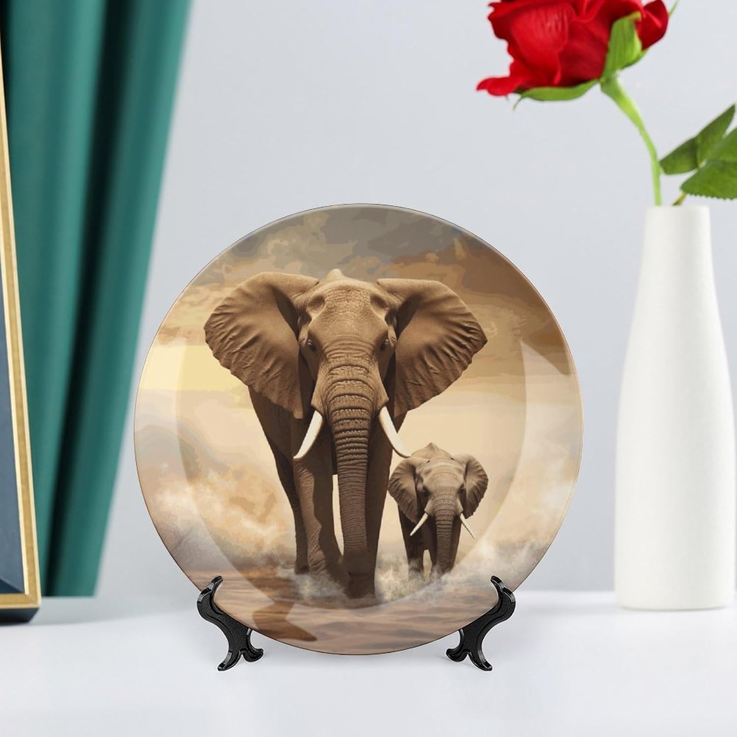 Elephant And Baby Elephant Ceramic Decorative Plate, Bone China Plates | Chinese Style Decorative Dish with Stand, Dinner Plates Art Crafts for Wall Decor, Collections Plate with Hook 8inch