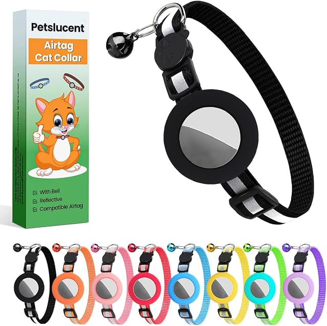 Petslucent Airtag Cat Collar, Reflective Airtag Cat Collar with Bell and Silicone Waterproof Airtag Holder Case Compatible with Apple Airtag, Breakaway Safety Buckle Collar (Black)